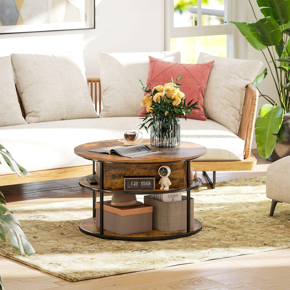 Round coffee table with liftable tabletop, storage space, side shelves, steel frame, coffee table, brown