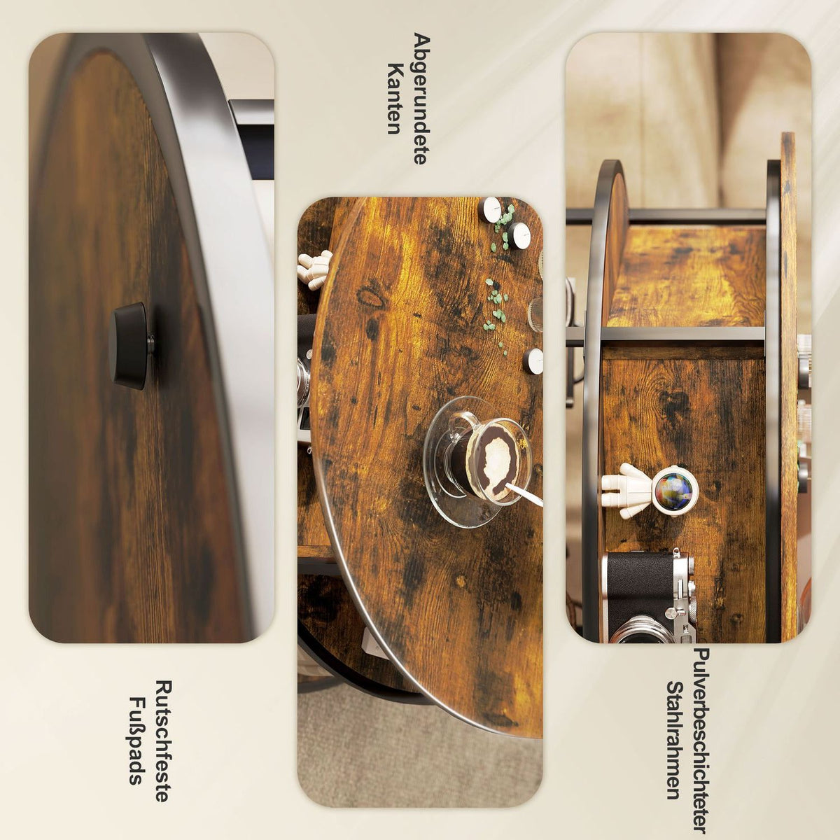 Round coffee table with liftable tabletop, storage space, side shelves, steel frame, coffee table, brown