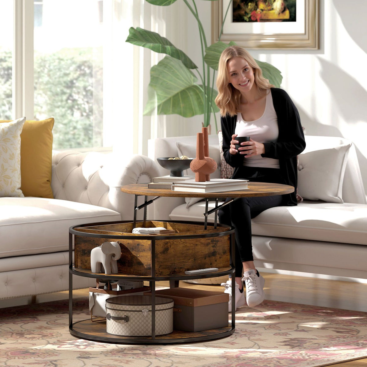 Round coffee table with liftable tabletop, storage space, side shelves, steel frame, coffee table, brown