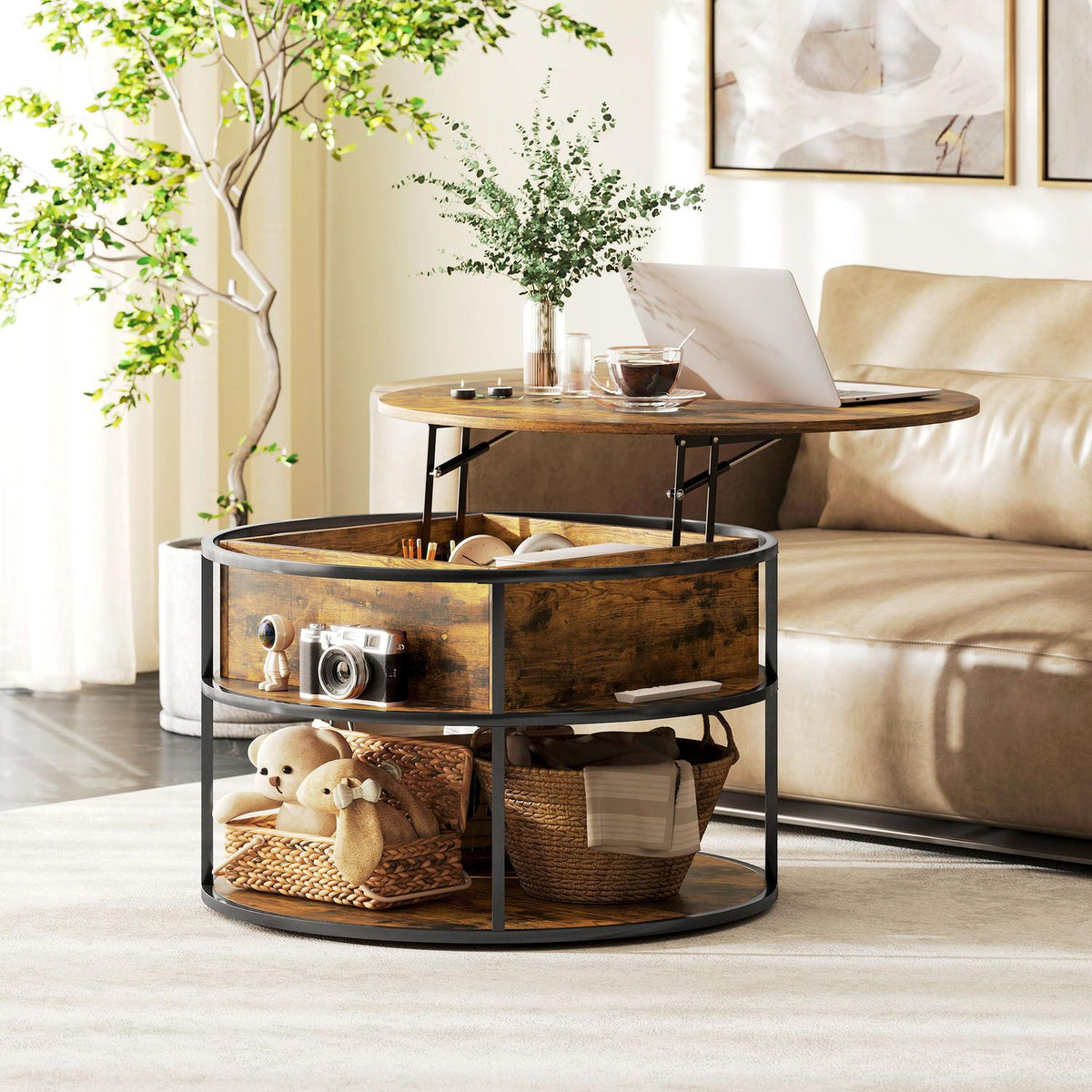 Round coffee table with liftable tabletop, storage space, side shelves, steel frame, coffee table, brown