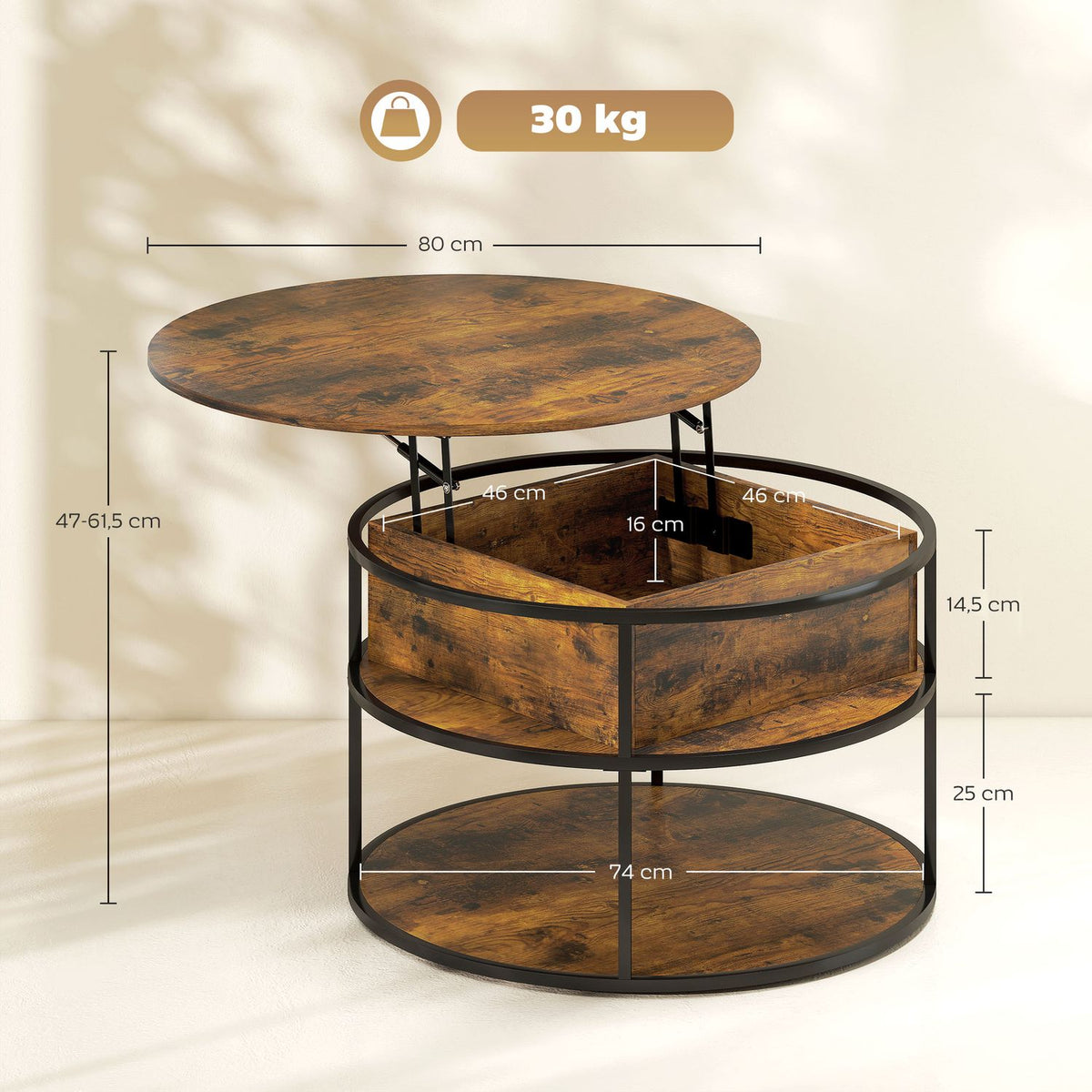 Round coffee table with liftable tabletop, storage space, side shelves, steel frame, coffee table, brown