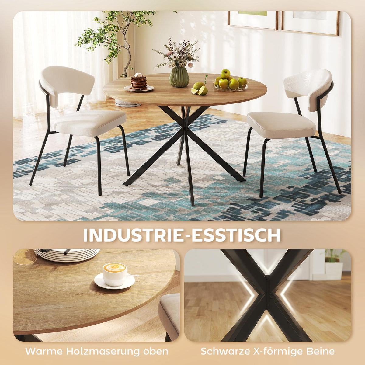 Round dining table for 4 people, industrial style kitchen table with steel legs, for dining room, kitchen, oak