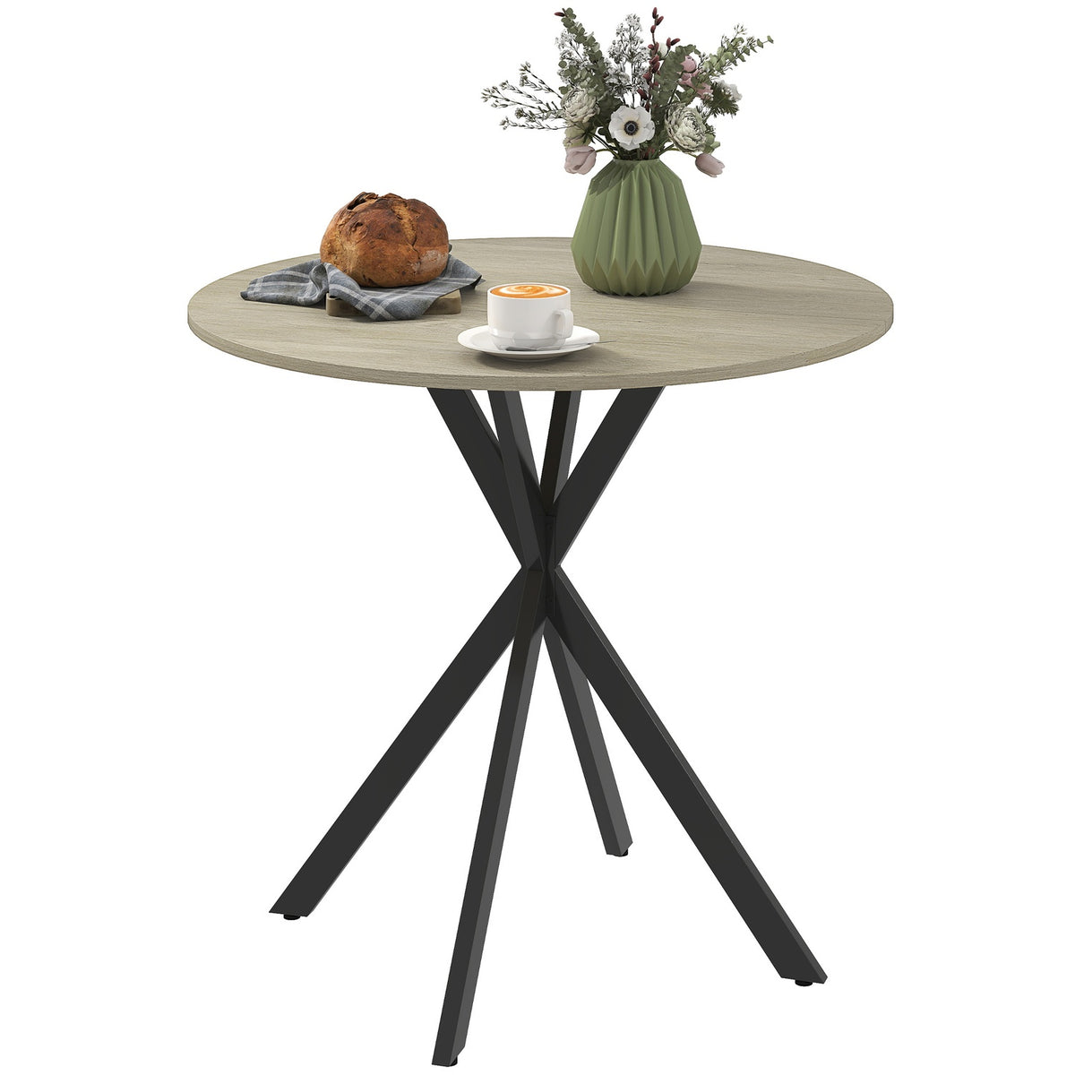 Round kitchen table, 80 cm, compact table top, chipboard, metal, white oak+black