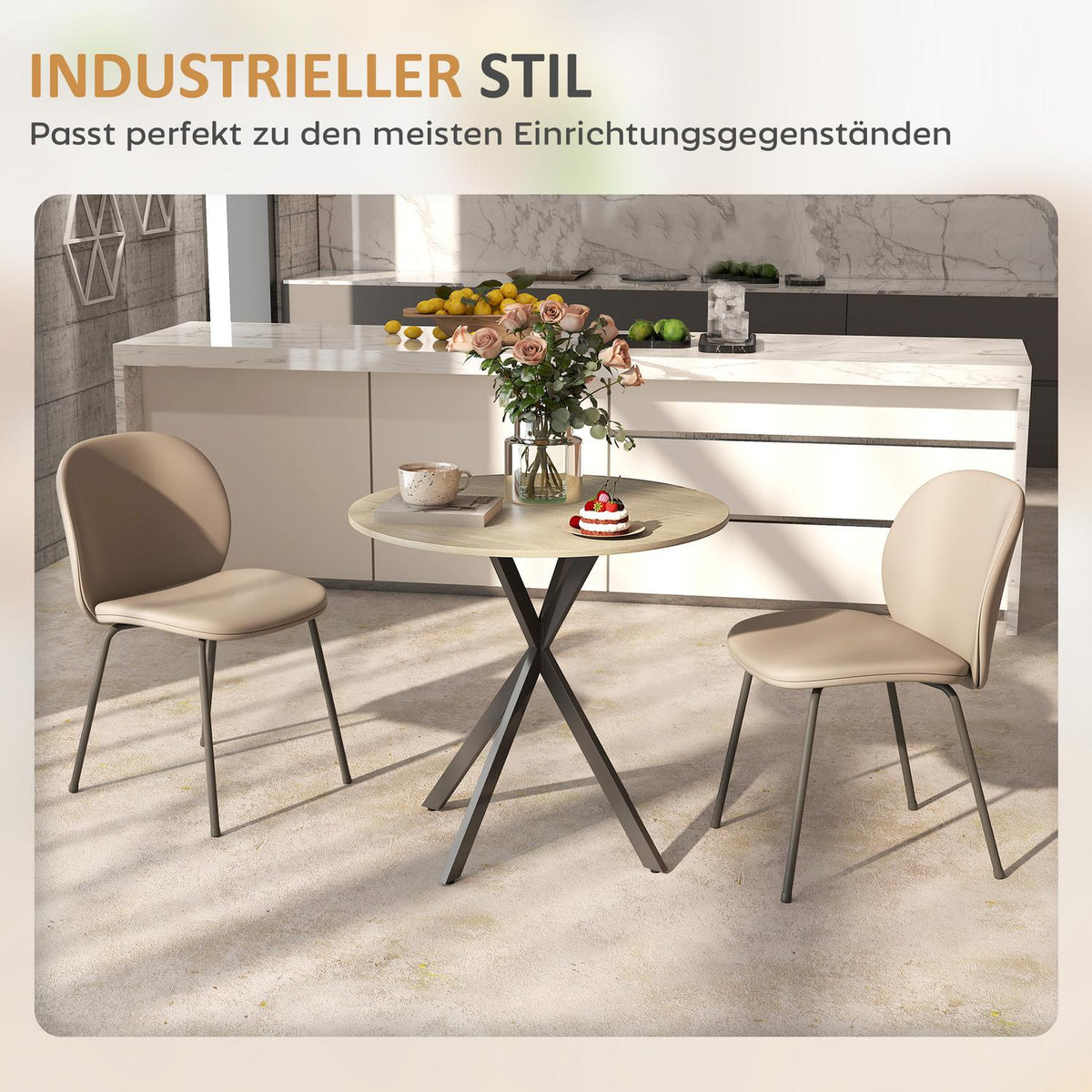 Round kitchen table, 80 cm, compact table top, chipboard, metal, white oak+black