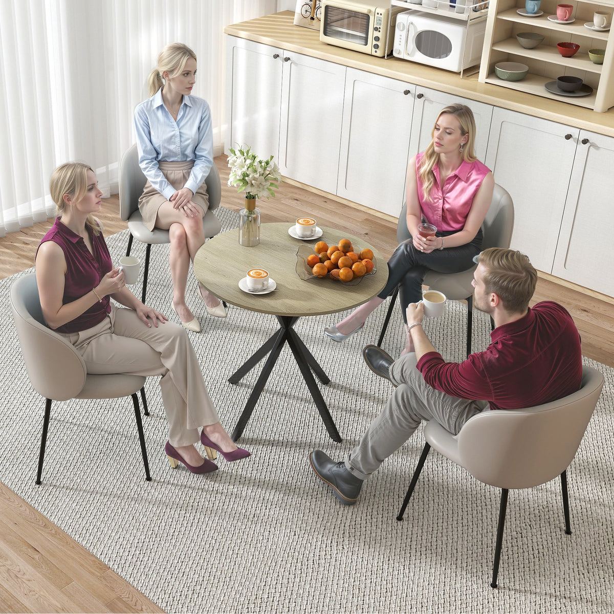 Round kitchen table, 80 cm, compact table top, chipboard, metal, white oak+black