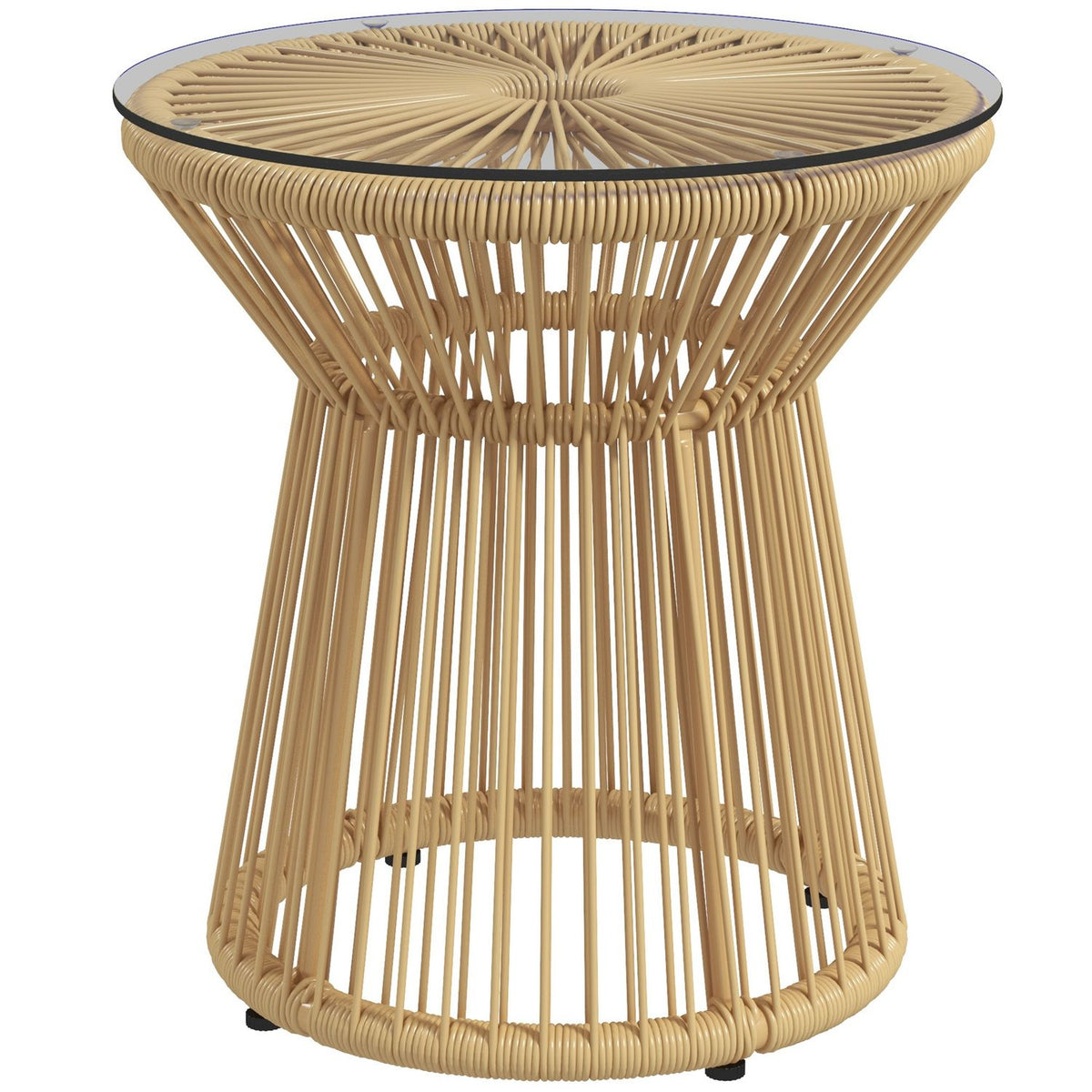 Round side table coffee table with glass table top hollow drum design garden table for patio metal beige
