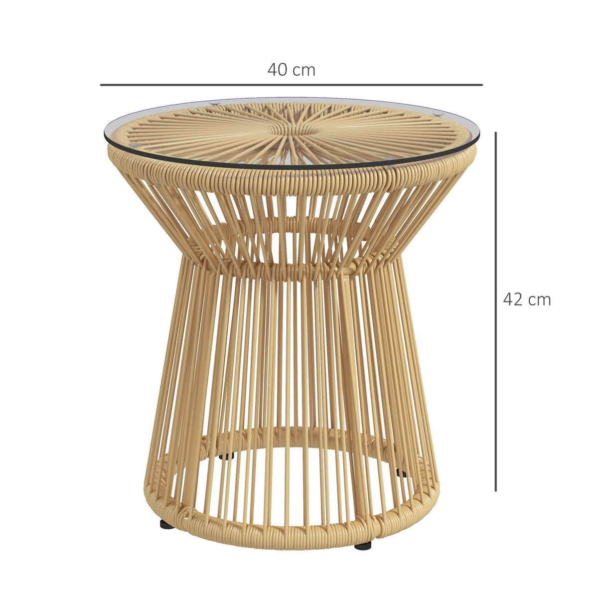 Round side table coffee table with glass table top hollow drum design garden table for patio metal beige