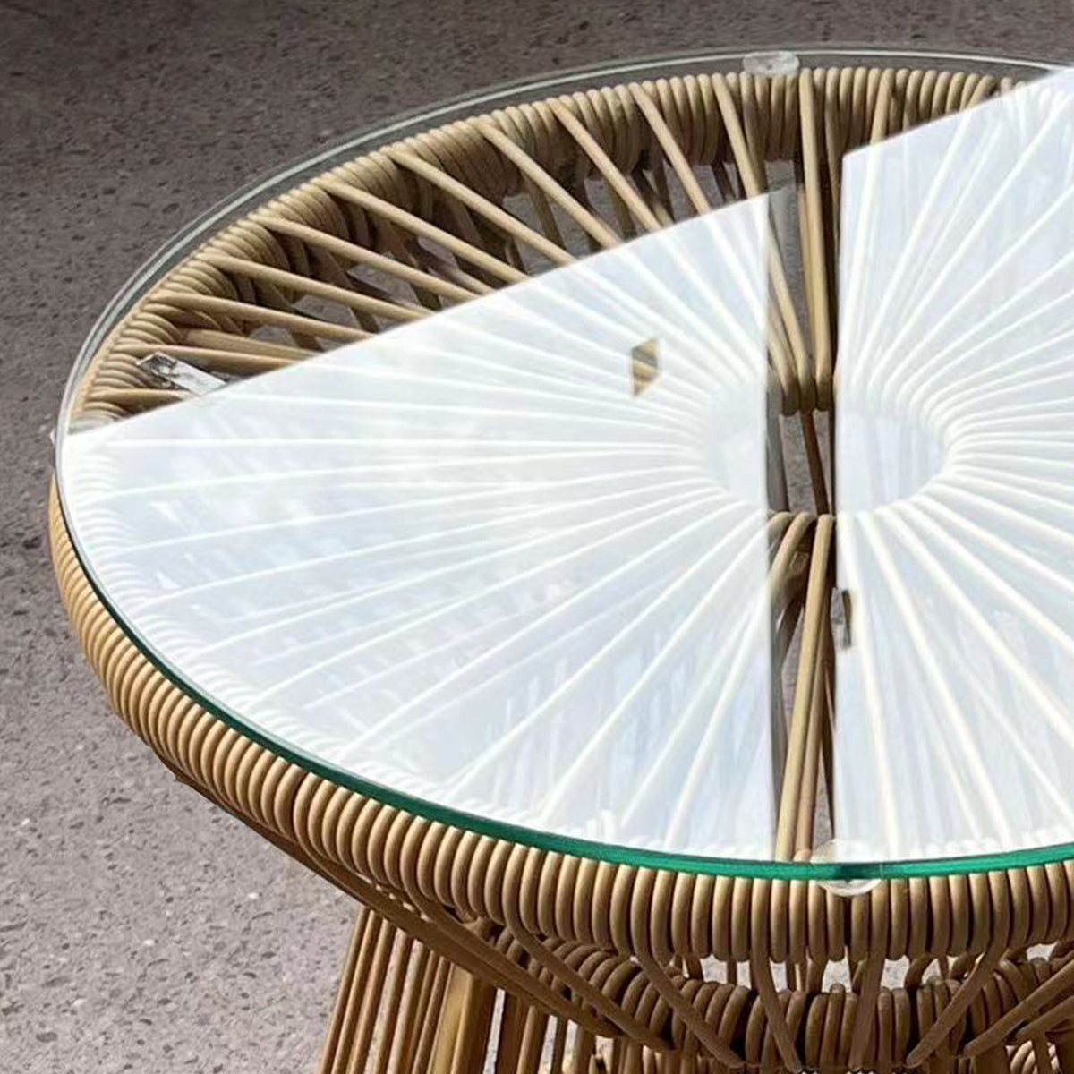 Round side table coffee table with glass table top hollow drum design garden table for patio metal beige
