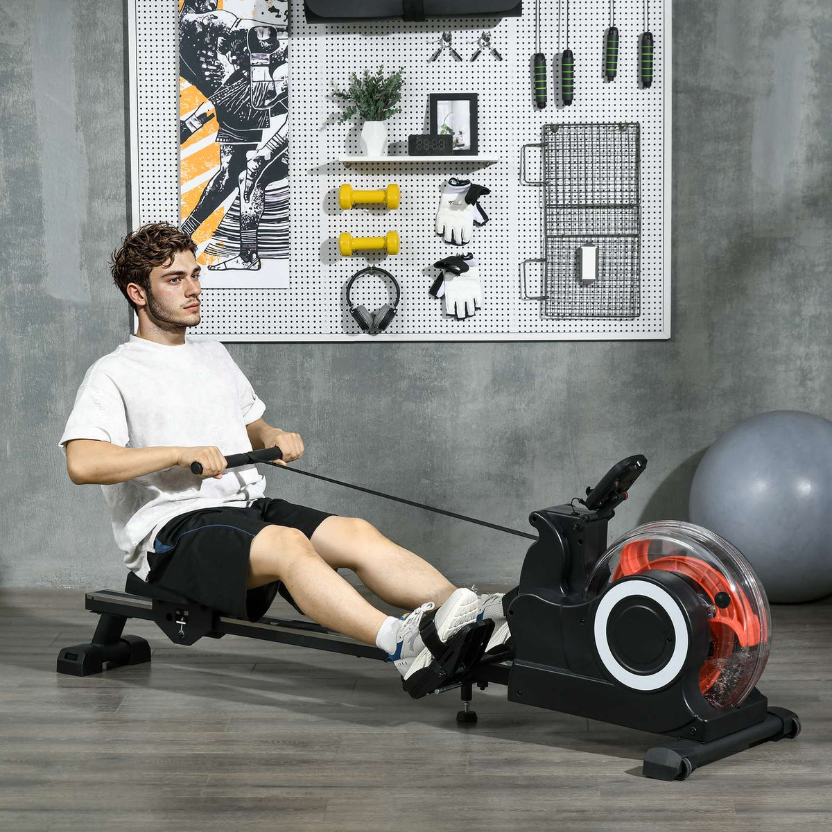 Rowing machine for home, foldable rowing machine with water resistance, water rowing machine with LCD display, tablet stand, wheels