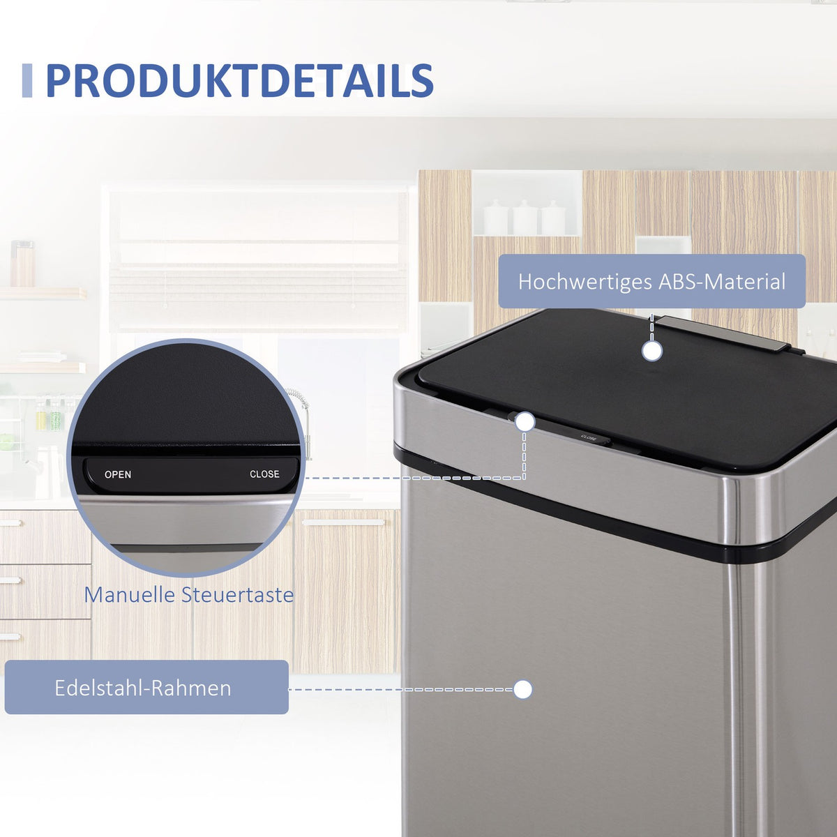 Rubbish Bin 72L Waste Bin With Sensor, Waste Separation System 3 Compartments, Stainless Steel, Silver, 42X30X81 Cm
