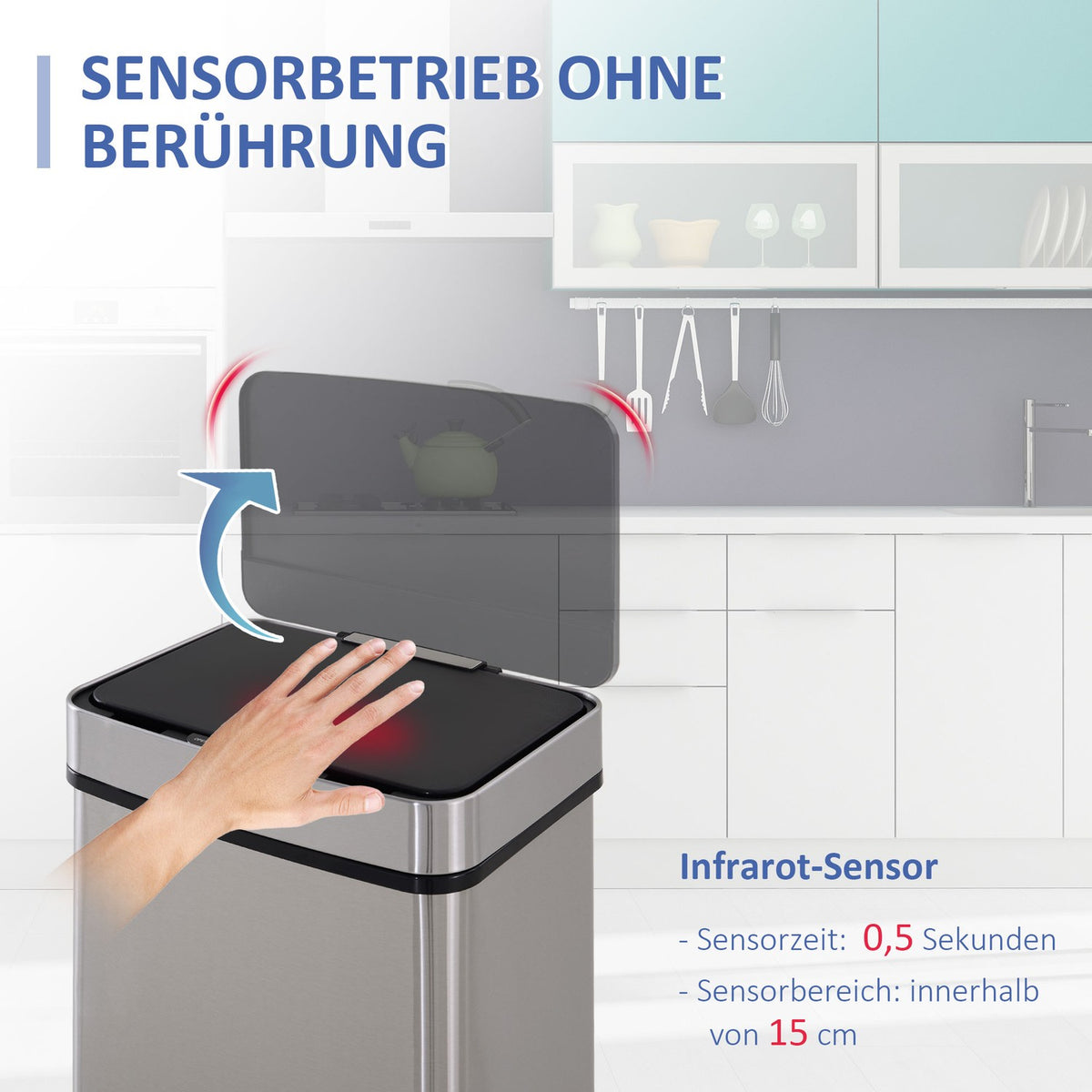 Rubbish Bin 72L Waste Bin With Sensor, Waste Separation System 3 Compartments, Stainless Steel, Silver, 42X30X81 Cm