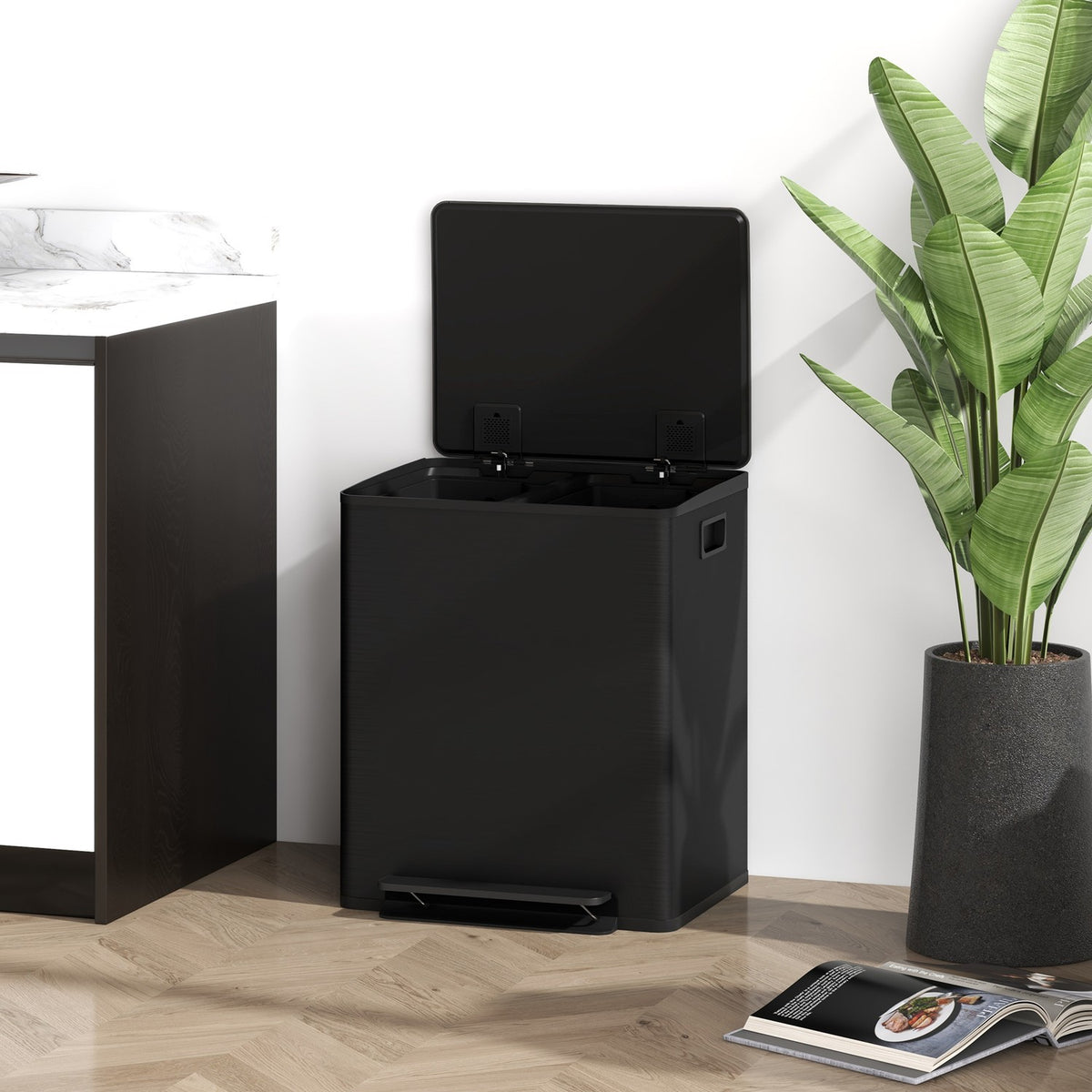 Rubbish bin 2x25L pedal bin stainless steel with lid and foot pedal, cosmetic bin with inner bin for living room and office, 47.7x37.5x56cm