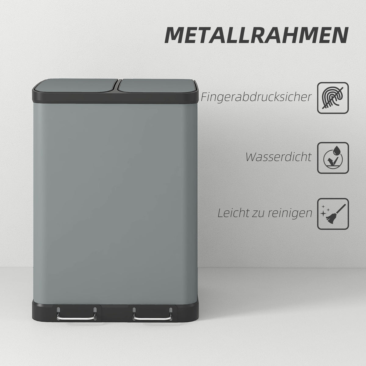 Rubbish bin 2x30L pedal bin cosmetic bin with lid and foot pedal, metal rubbish bin with inner bin for living room and office, 48.8x39.5x67cm