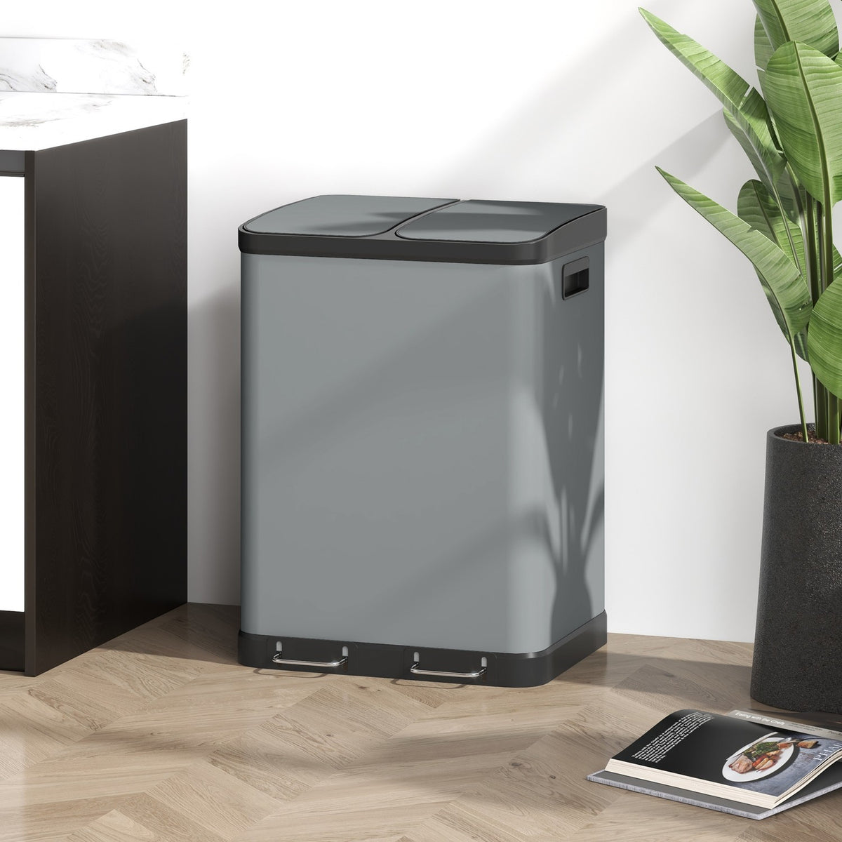 Rubbish bin 2x30L pedal bin cosmetic bin with lid and foot pedal, metal rubbish bin with inner bin for living room and office, 48.8x39.5x67cm