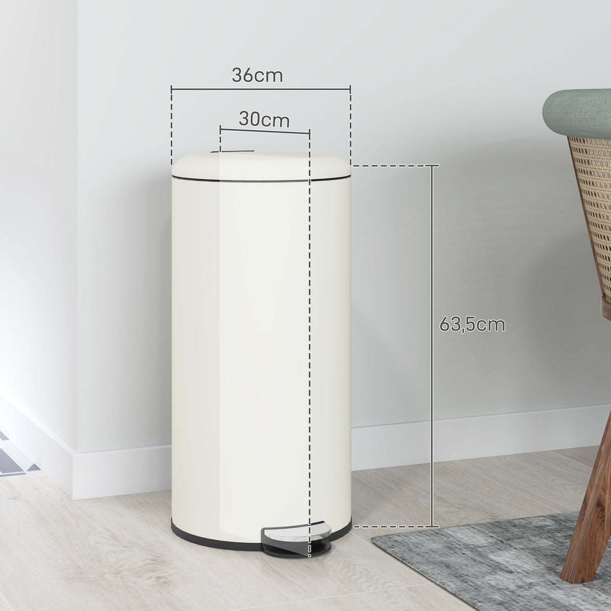 Rubbish bin 30L pedal bin, cosmetic bin, waste bin with lid and foot pedal, rubbish bin with inner bin, for living room, office, metal, 36 x 30 x 63.5 cm