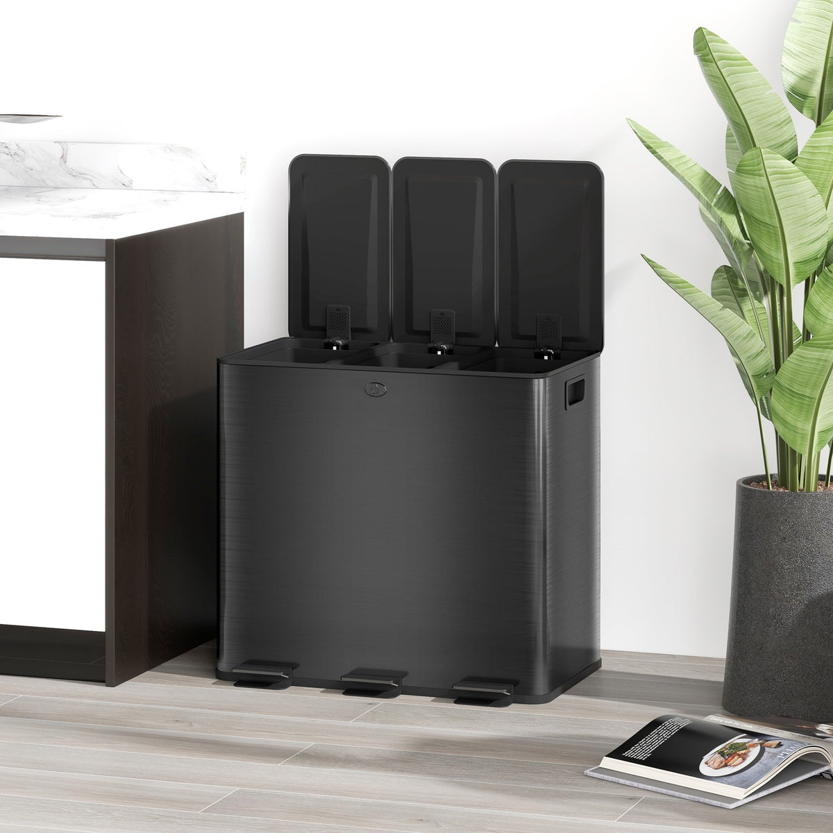 Rubbish bin 3 x 15L pedal bin with lid and foot pedal, stainless steel waste bin with inner bin for living room and office 61.9 x 36.6 x 43.2 cm
