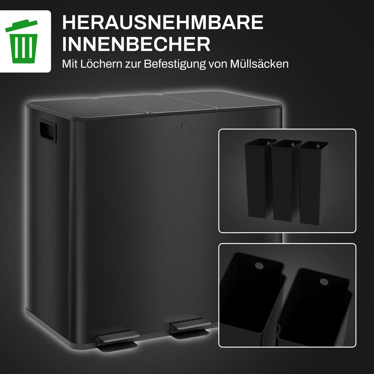 Rubbish bin 3 x 15L pedal bin with lid and foot pedal, stainless steel waste bin with inner bin for living room and office 61.9 x 36.6 x 43.2 cm