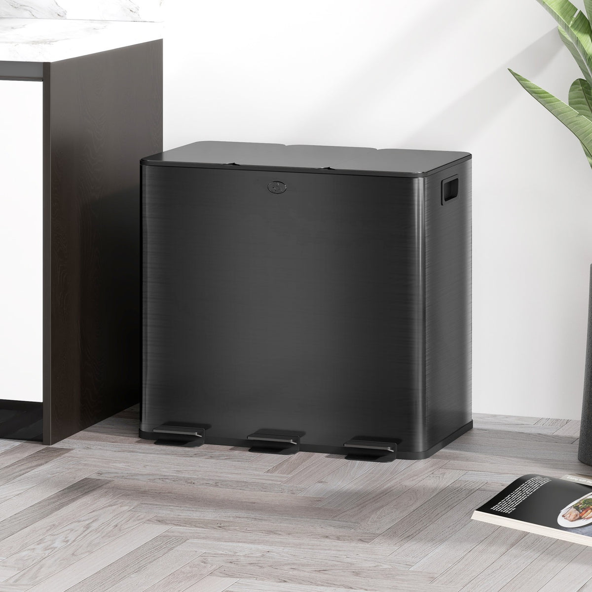 Rubbish bin 3 x 15L pedal bin with lid and foot pedal, stainless steel waste bin with inner bin for living room and office 61.9 x 36.6 x 43.2 cm