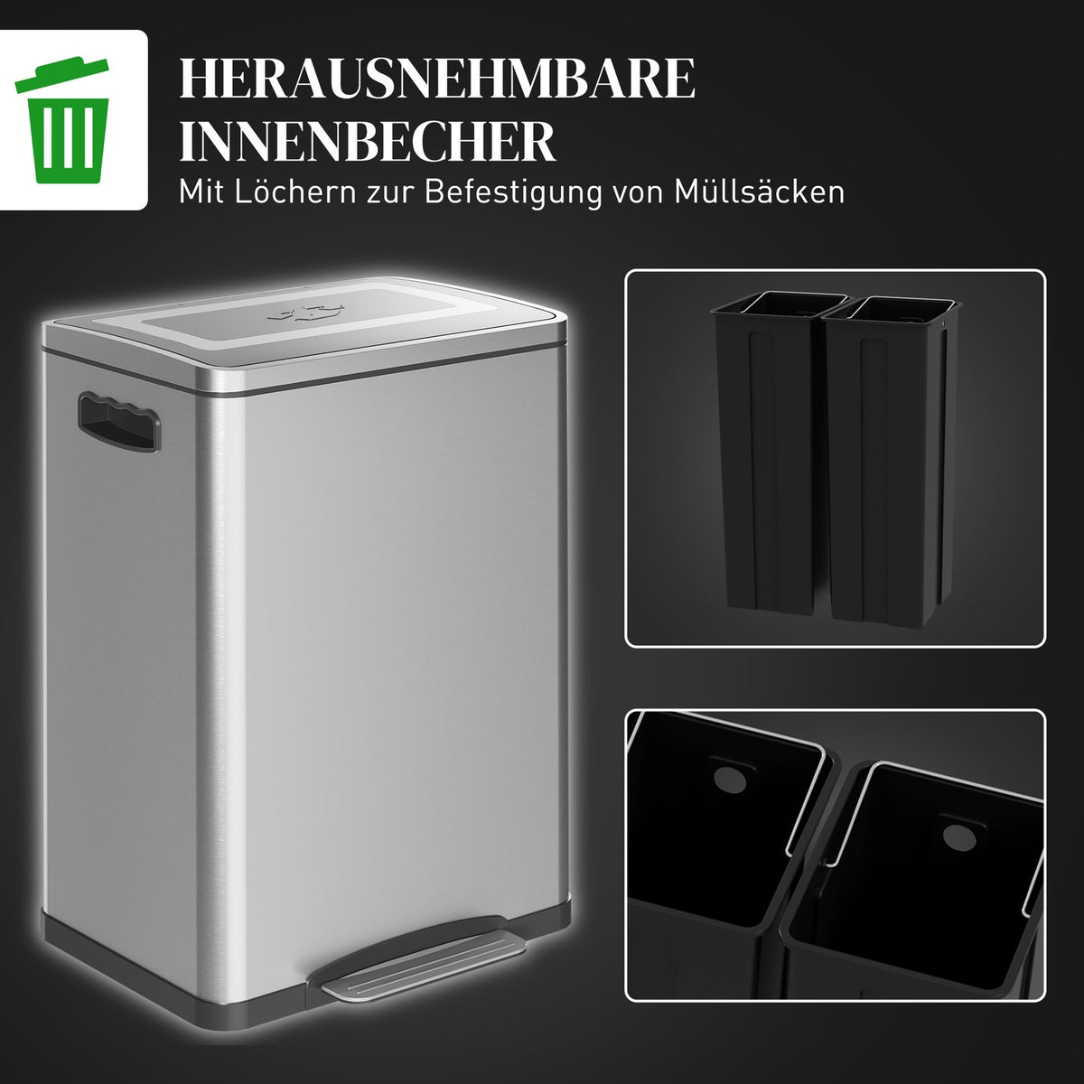 Rubbish bin 40L pedal bin with lid and foot pedal, rubbish bin with 2 inner bins, soft close function for living room, office, stainless steel, silver, 40 x 34.8 x 59 cm |
