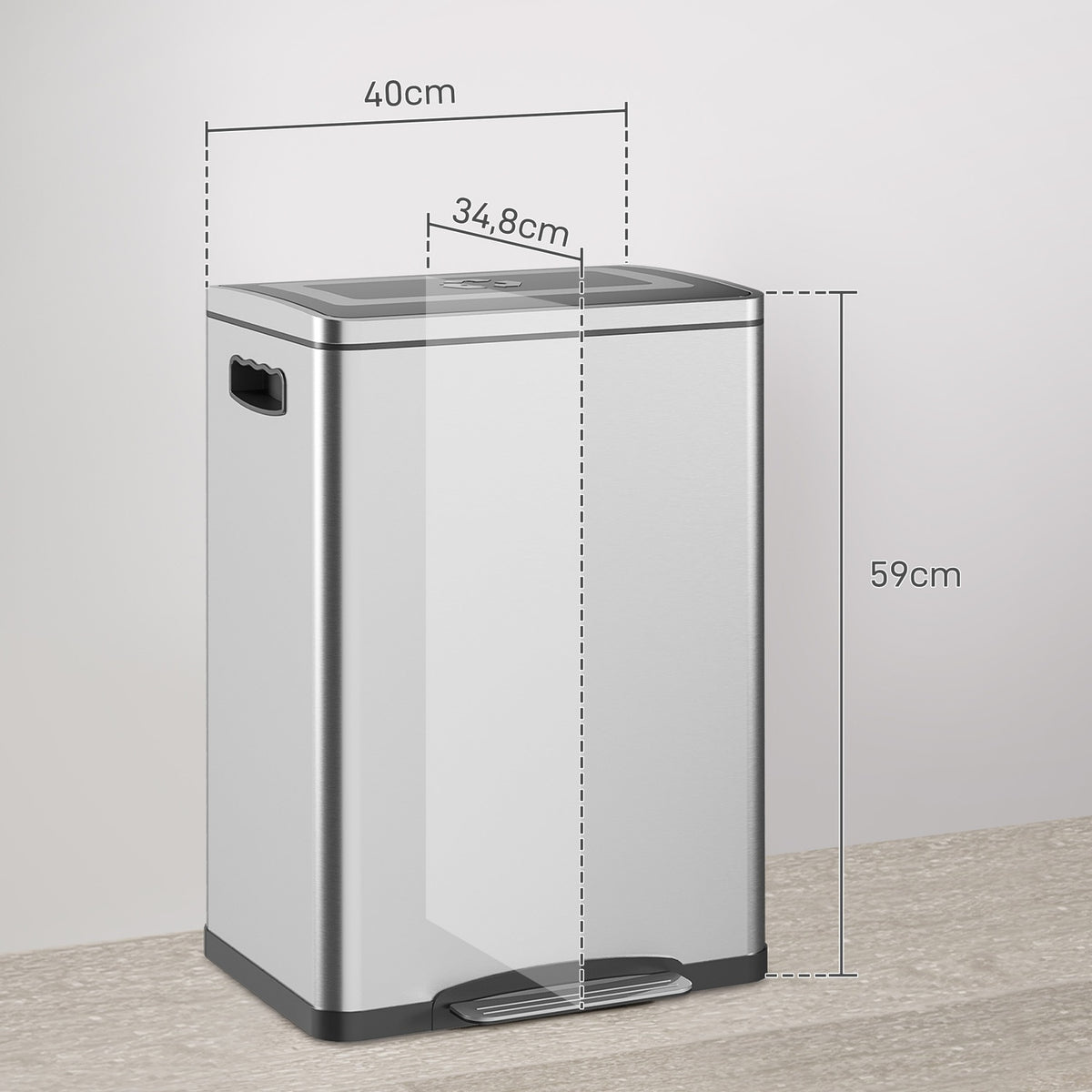 Rubbish bin 40L pedal bin with lid and foot pedal, rubbish bin with 2 inner bins, soft close function for living room, office, stainless steel, silver, 40 x 34.8 x 59 cm |