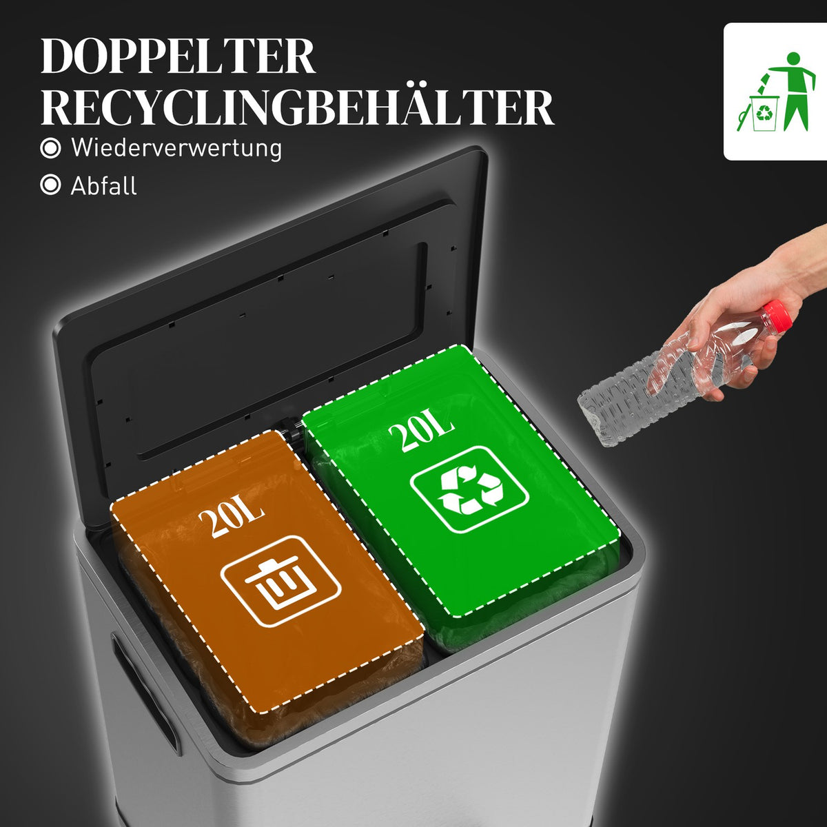 Rubbish bin 40L pedal bin with lid and foot pedal, rubbish bin with 2 inner bins, soft close function for living room, office, stainless steel, silver, 40 x 34.8 x 59 cm |