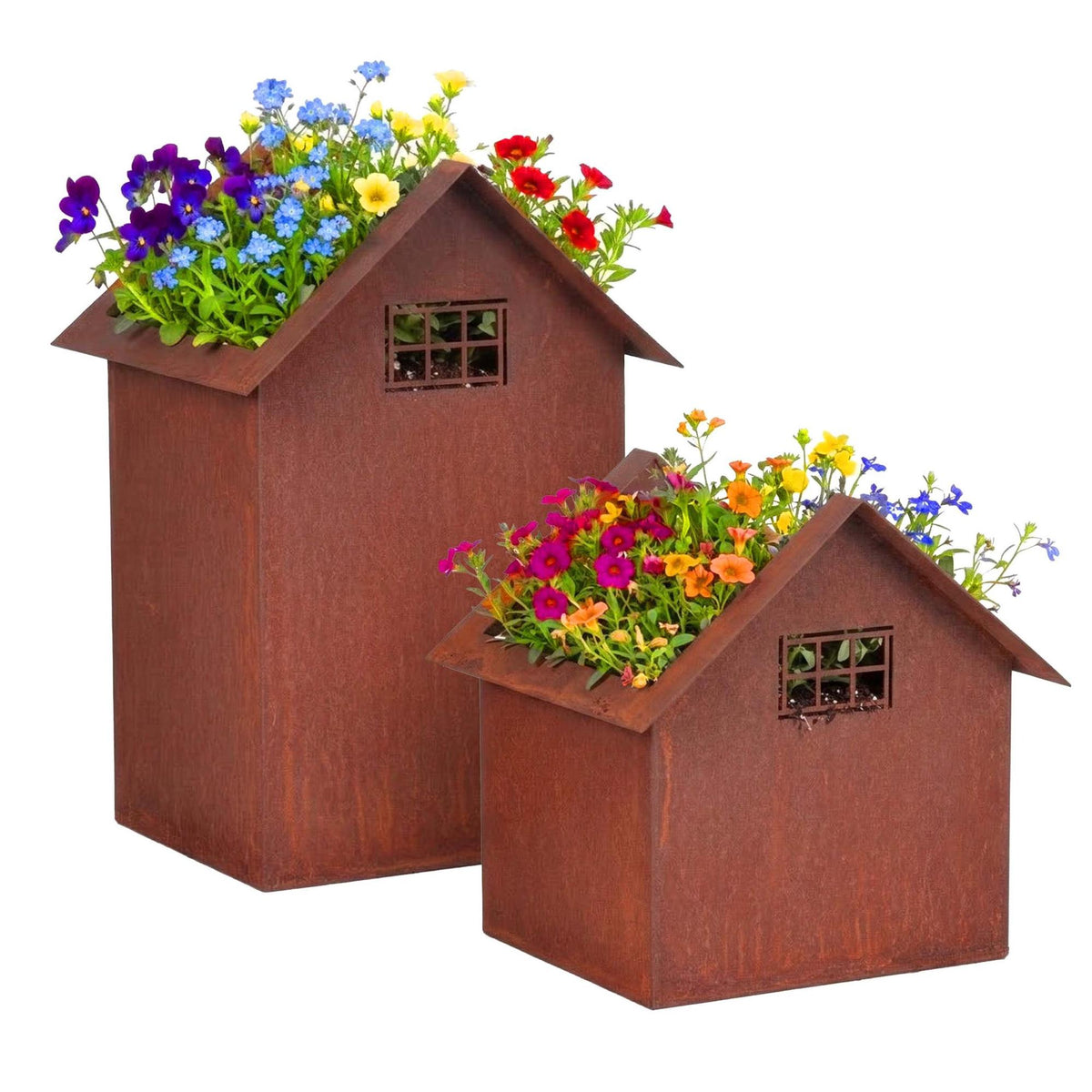Rust Metal Garden House Planters Set of 2