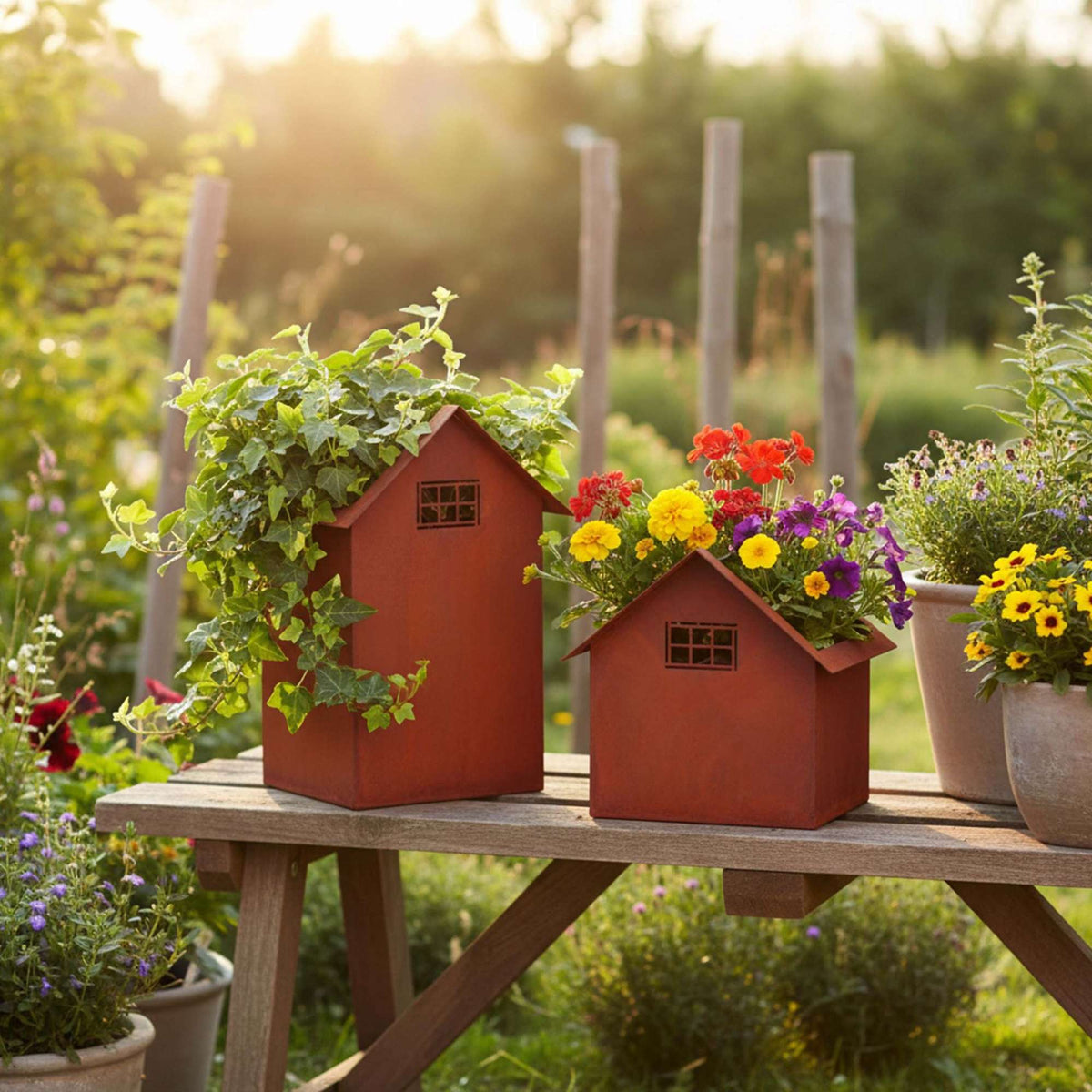 Rust Metal Garden House Planters Set of 2