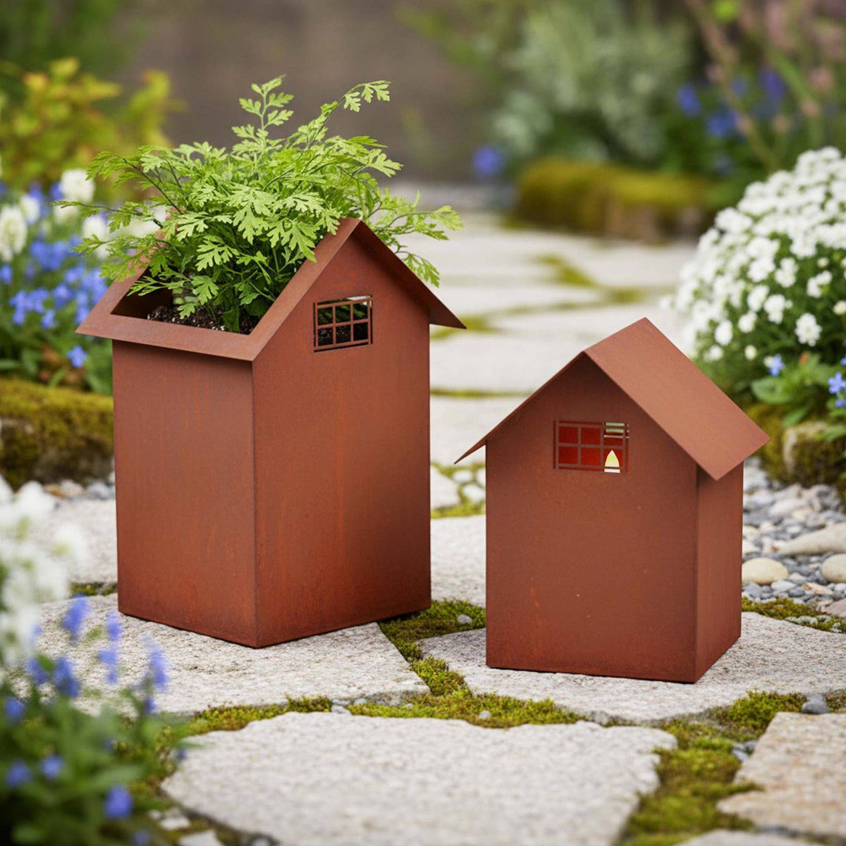 Rust Metal Garden House Planters Set of 2