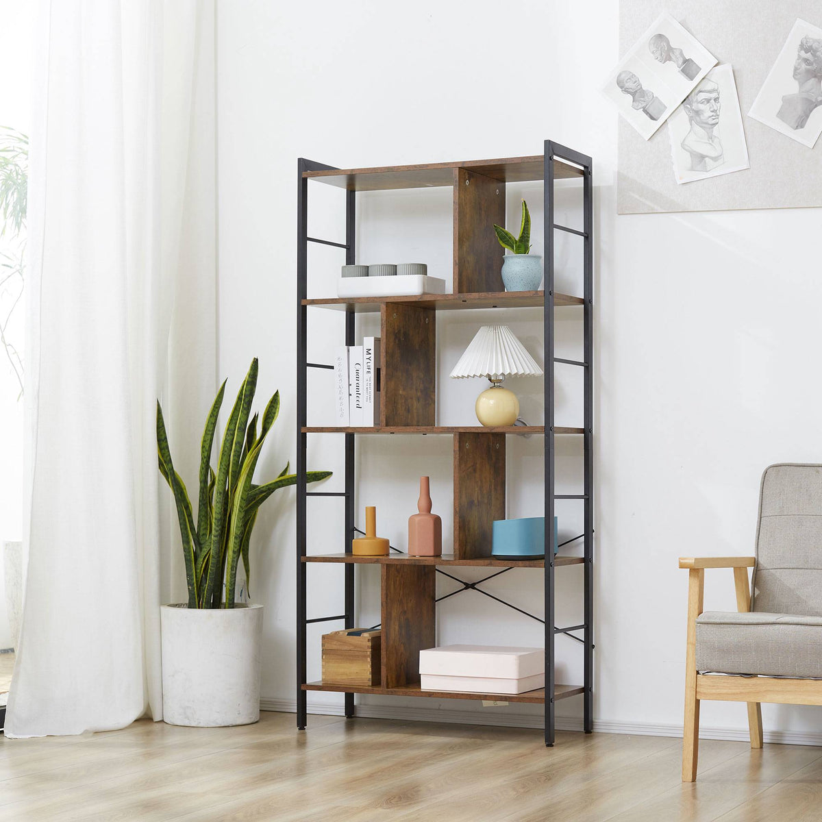 Rustic Brown 5-Tier Bookshelf, Metal Frame, 77x30x157.5 cm