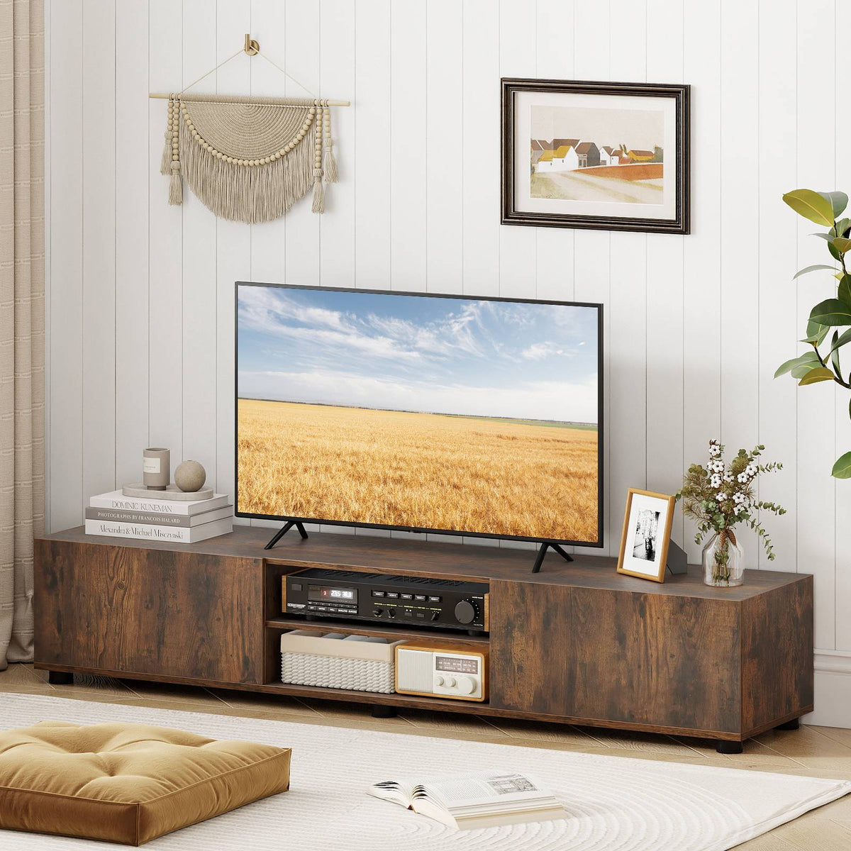 Rustic Brown TV Stand for 70" Screens with Storage Shelves