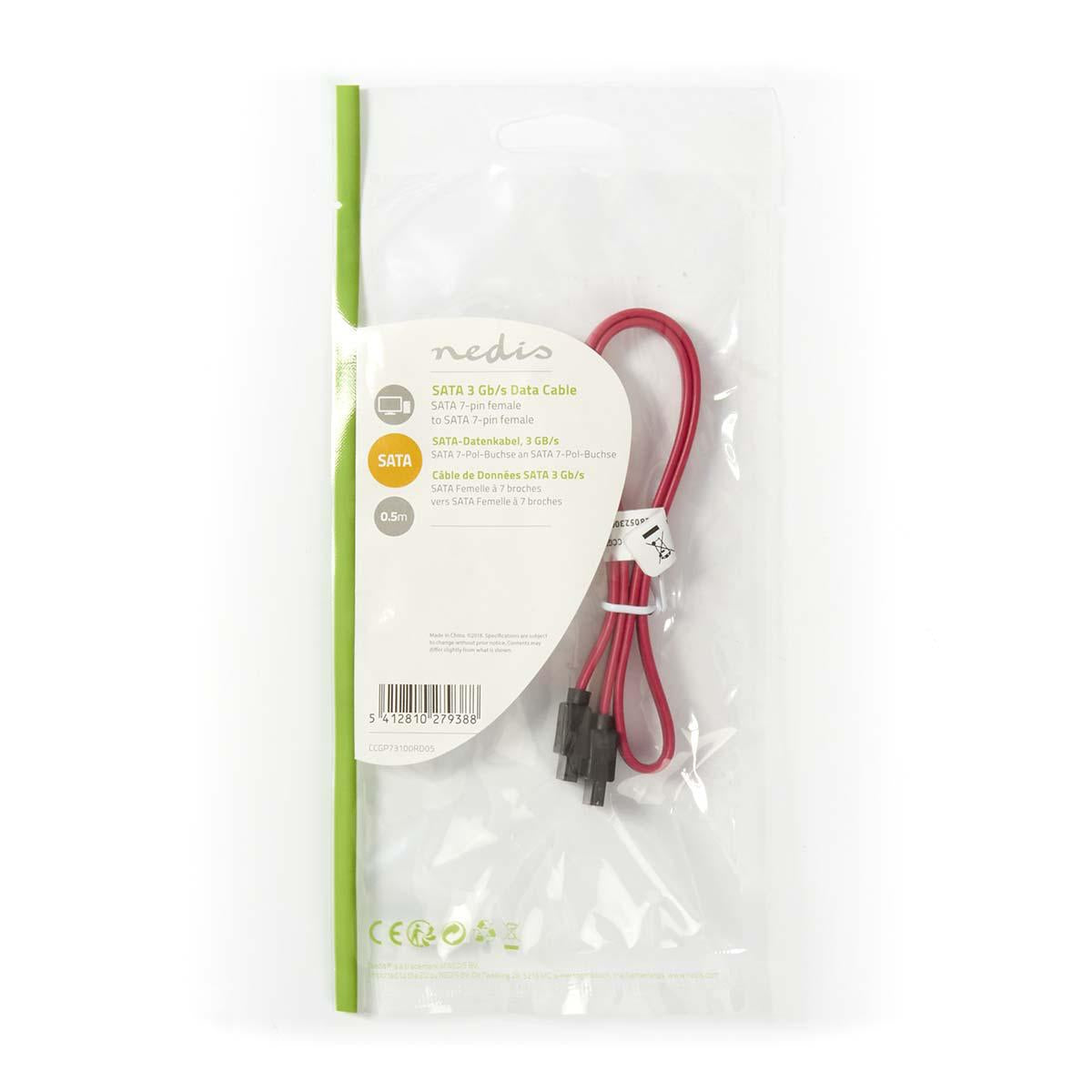 SATA cable | 3 Gbps | SATA 7-Pin Female | SATA 7-Pin Female | Nickel Plated | 0.50 m | Flat | PVC | Red | Plastic bag