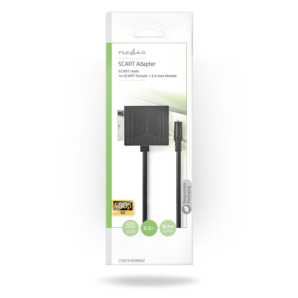 SCART cable | SCART Male | SCART Female / 3.5 mm Female | Nickel Plated | 480p | 0.20 m | Round | PVC | Black | Plastic bag