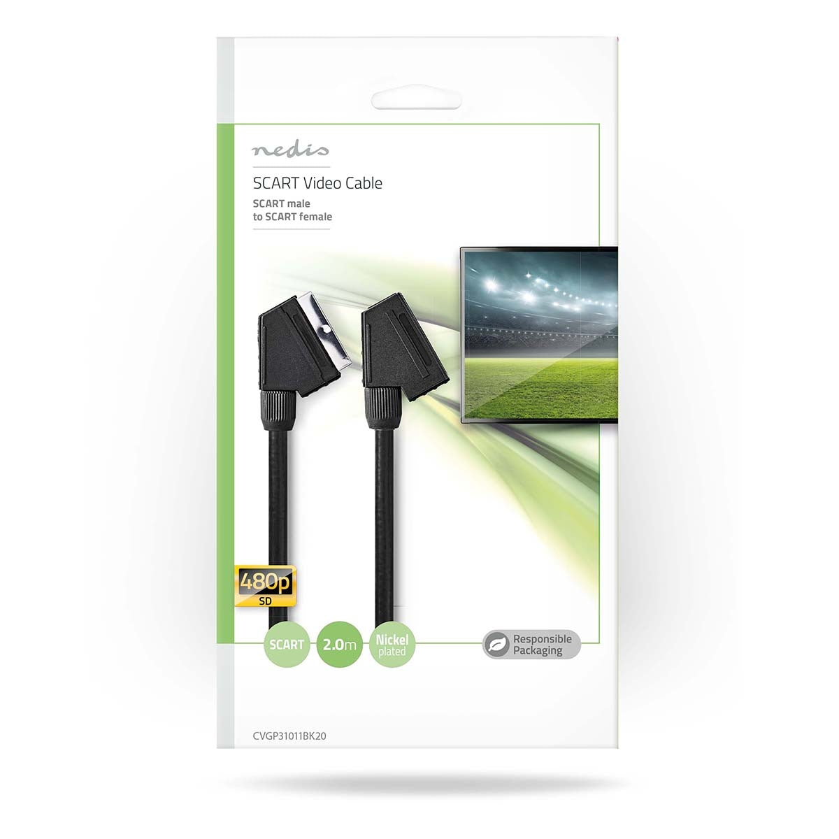 SCART cable | SCART Male | SCART Female | Nickel Plated | 480p | 2.00 m | Round | PVC | Black | Envelope