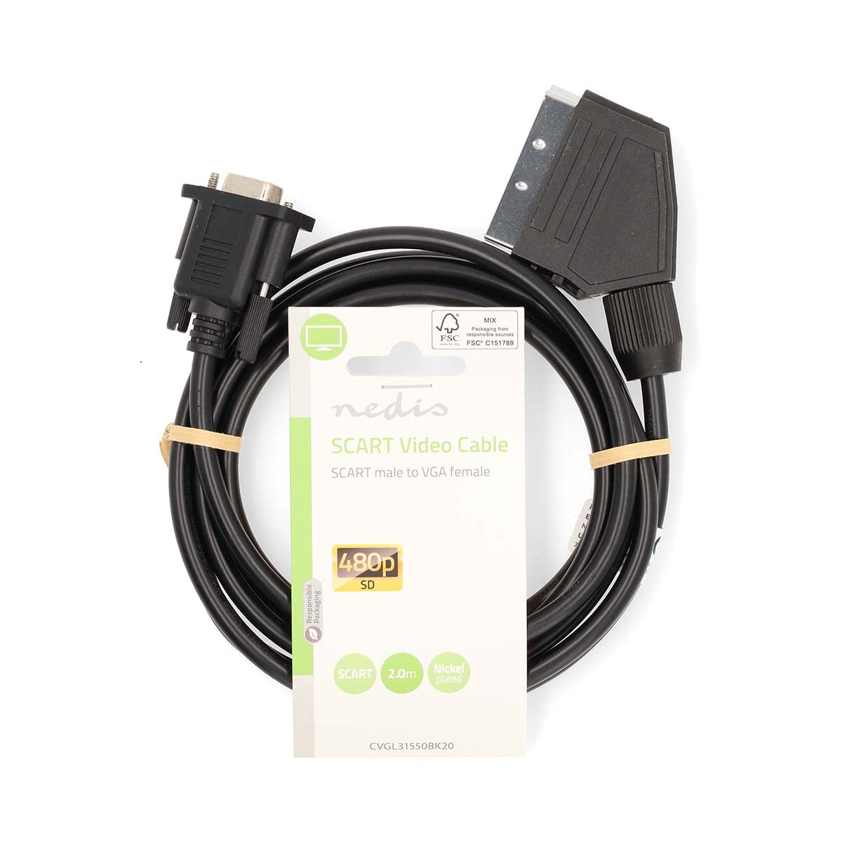 SCART cable | SCART Male | VGA female 15p | Nickel Plated | 480p | 2.00 m | Round | PVC | Black | Label
