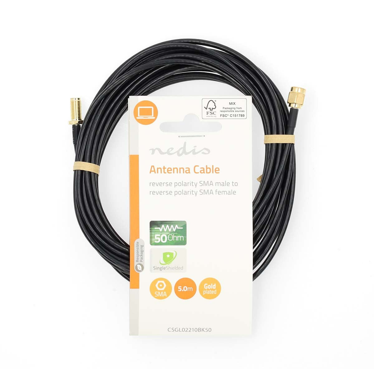 SMA Cable | RP SMA Male | RP SMA Female | Gold Plated | 50 Ohm | Single Shielded | 5.00 m | Round | PVC | Black | Label