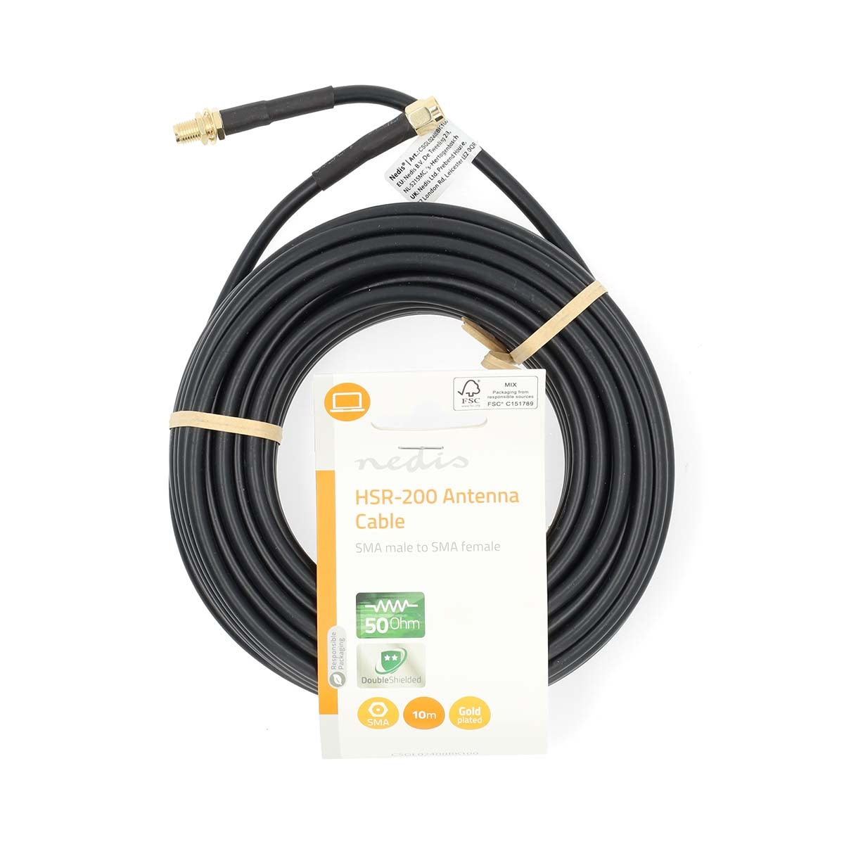 SMA Cable | SMA Male | SMA Female | Gold Plated | 50 Ohm | Double Shielded | 10.0 m | Round | PVC | Black | Label