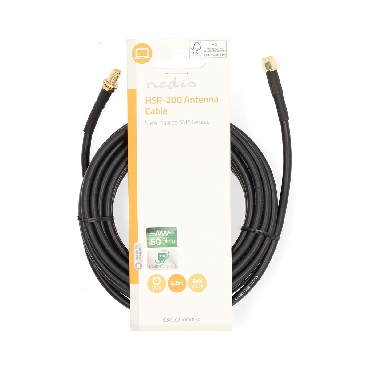 SMA Cable | SMA Male | SMA Female | Gold Plated | 50 Ohm | Double Shielded | 5.00 m | Round | PVC | Black | Label