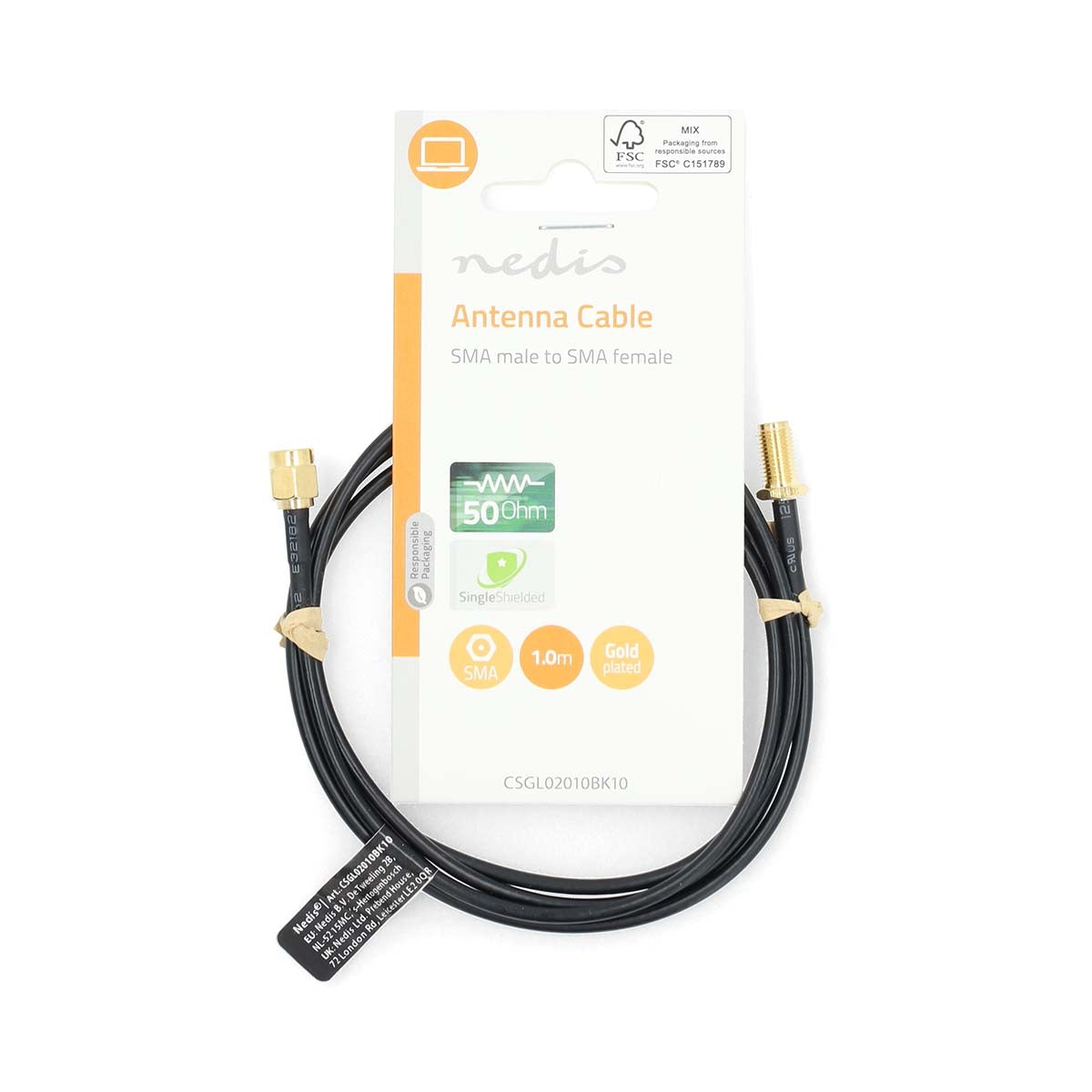SMA Cable | SMA Male | SMA Female | Gold Plated | 50 Ohm | Single Shielded | 1.00 m | Round | PVC | Black | Label