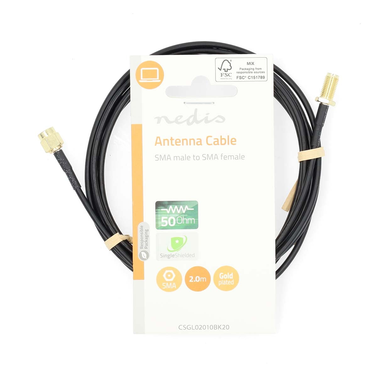 SMA Cable | SMA Male | SMA Female | Gold Plated | 50 Ohm | Single Shielded | 2.00 m | Round | PVC | Black | Label