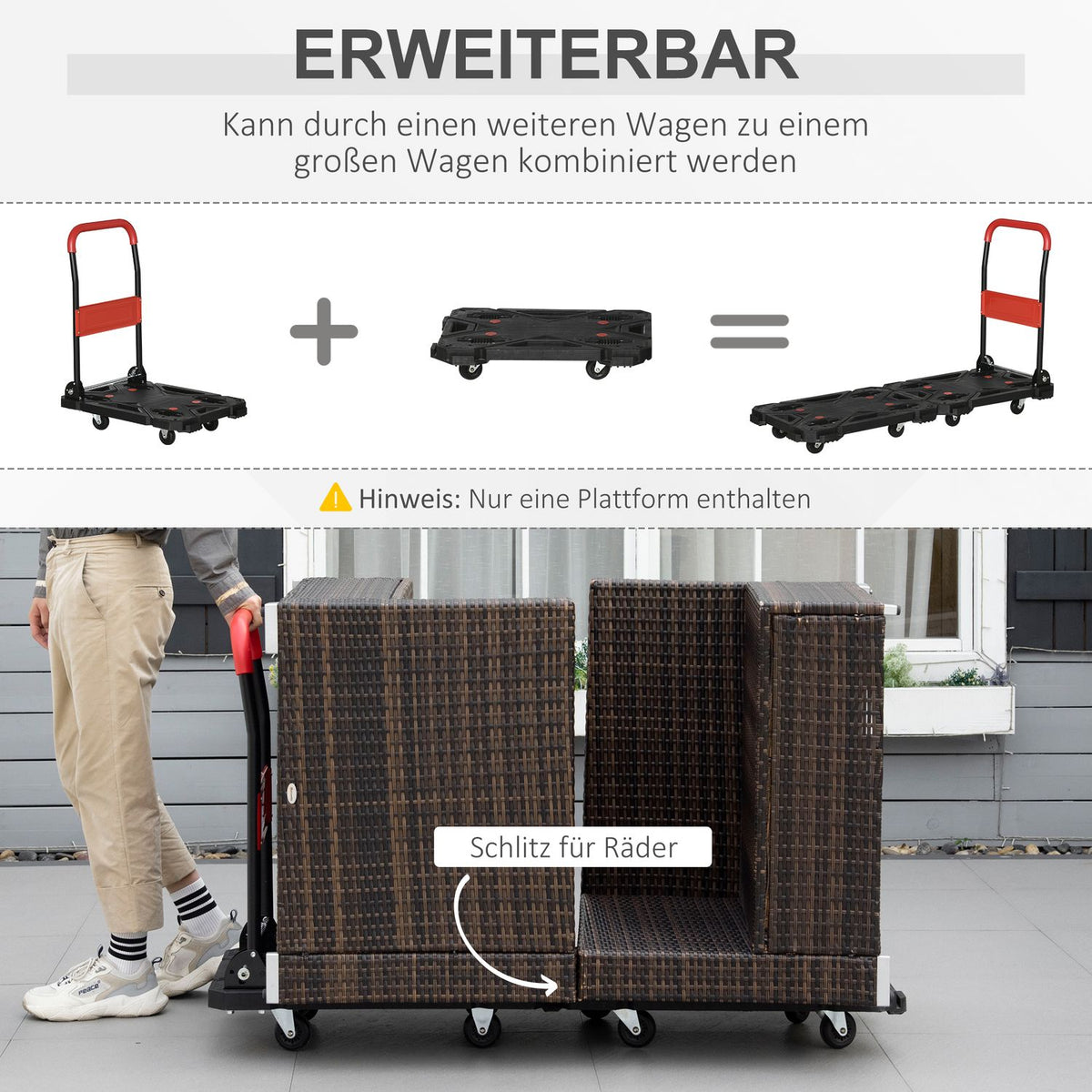 Sack Truck & Platform Trolley, Foldable, With Foldable Armrests, 58Cmx50Cm Loading Area, Up To 150Kg, Black+Red