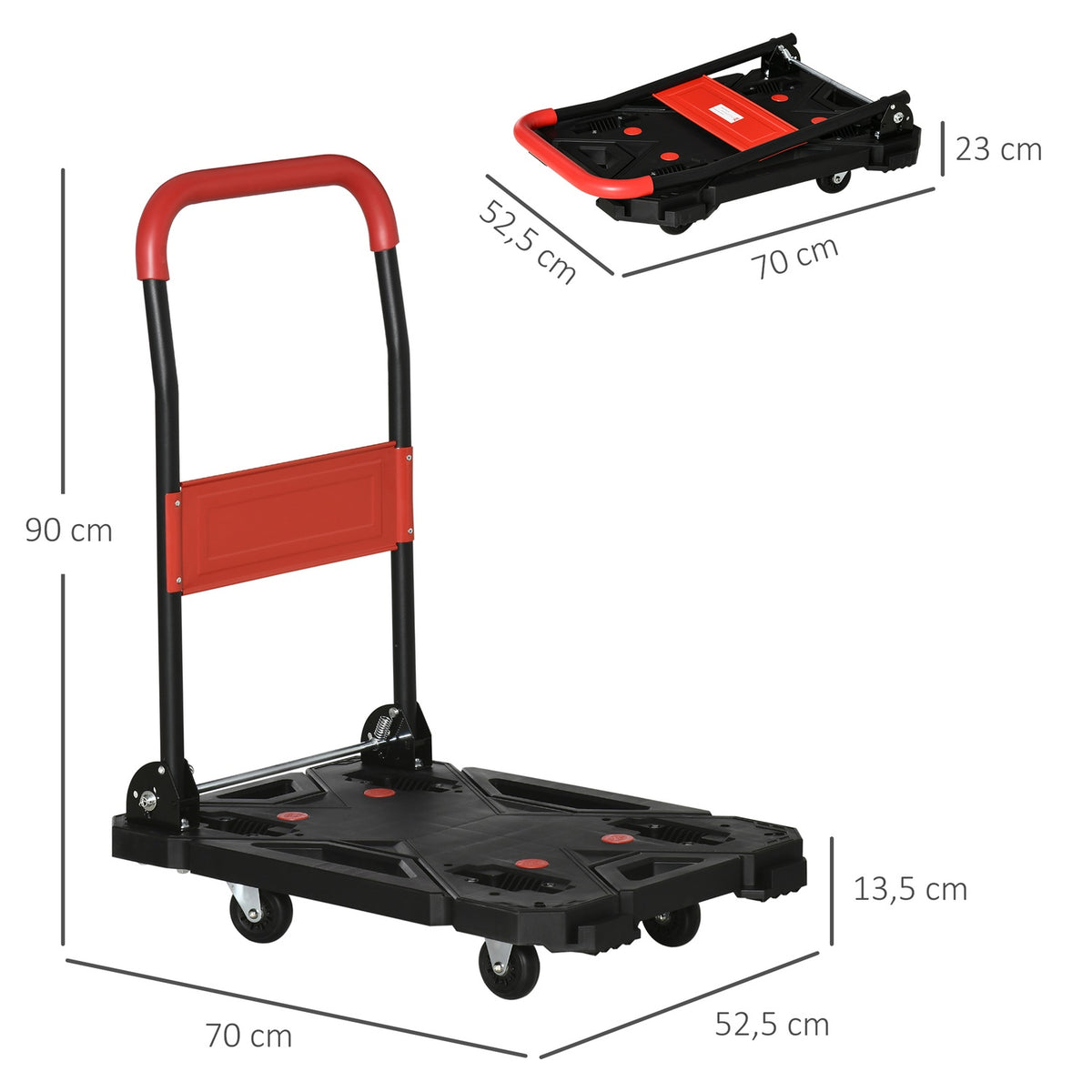 Sack Truck & Platform Trolley, Foldable, With Foldable Armrests, 58Cmx50Cm Loading Area, Up To 150Kg, Black+Red