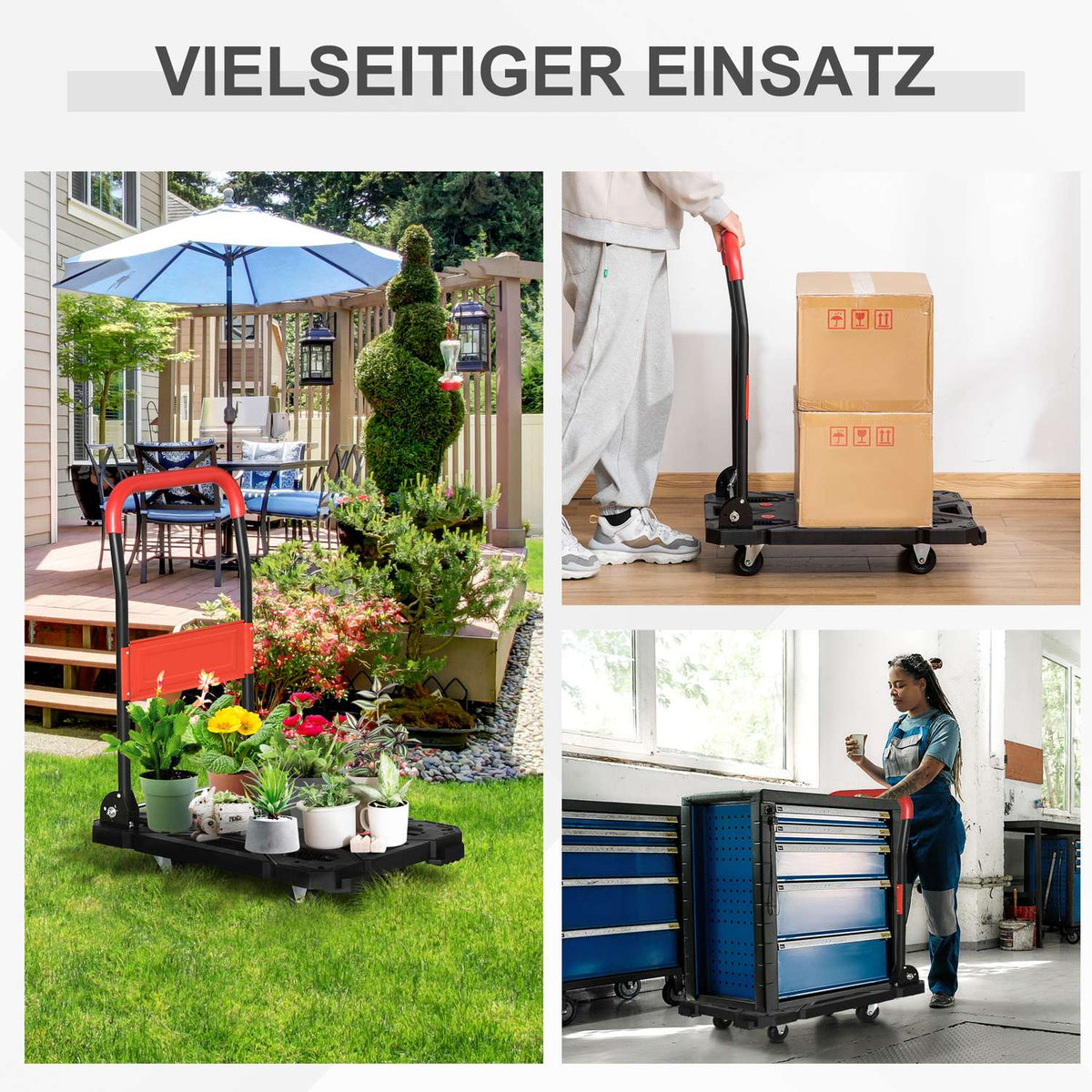 Sack Truck & Platform Trolley, Foldable, With Foldable Armrests, 58Cmx50Cm Loading Area, Up To 150Kg, Black+Red