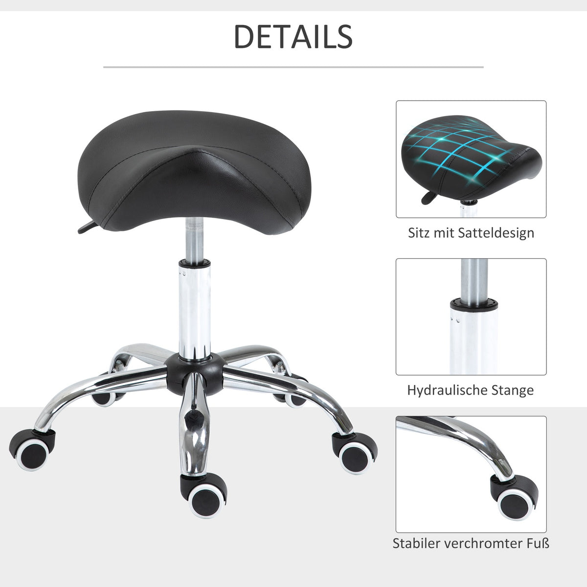 Saddle stool, work stool, swivel chair, rolling stool, cosmetic stool, padded, height-adjustable (black)