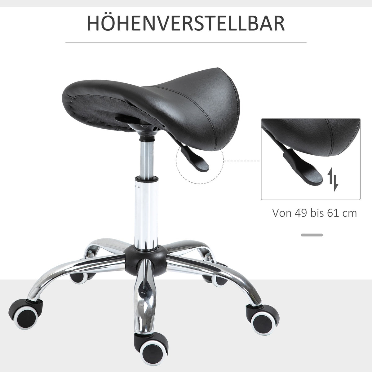 Saddle stool, work stool, swivel chair, rolling stool, cosmetic stool, padded, height-adjustable (black)