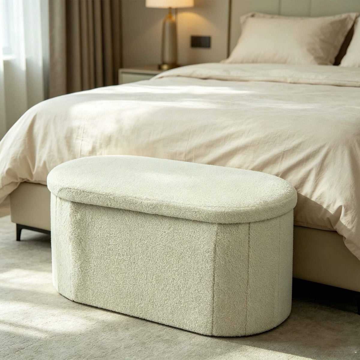 Sage Teddy Fabric Storage Bench – Oval Upholstered Seat