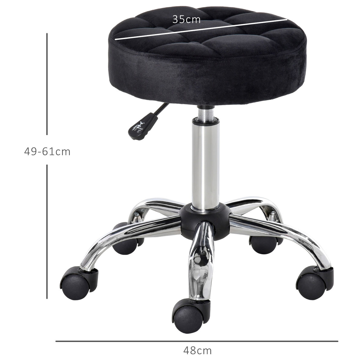 Salon Chair with Wheels Rolling Stool Height Adjustable Swivel Salon Stool Velvet Touch Foam Chrome Base Black 35 x 35 x 49-61 cm