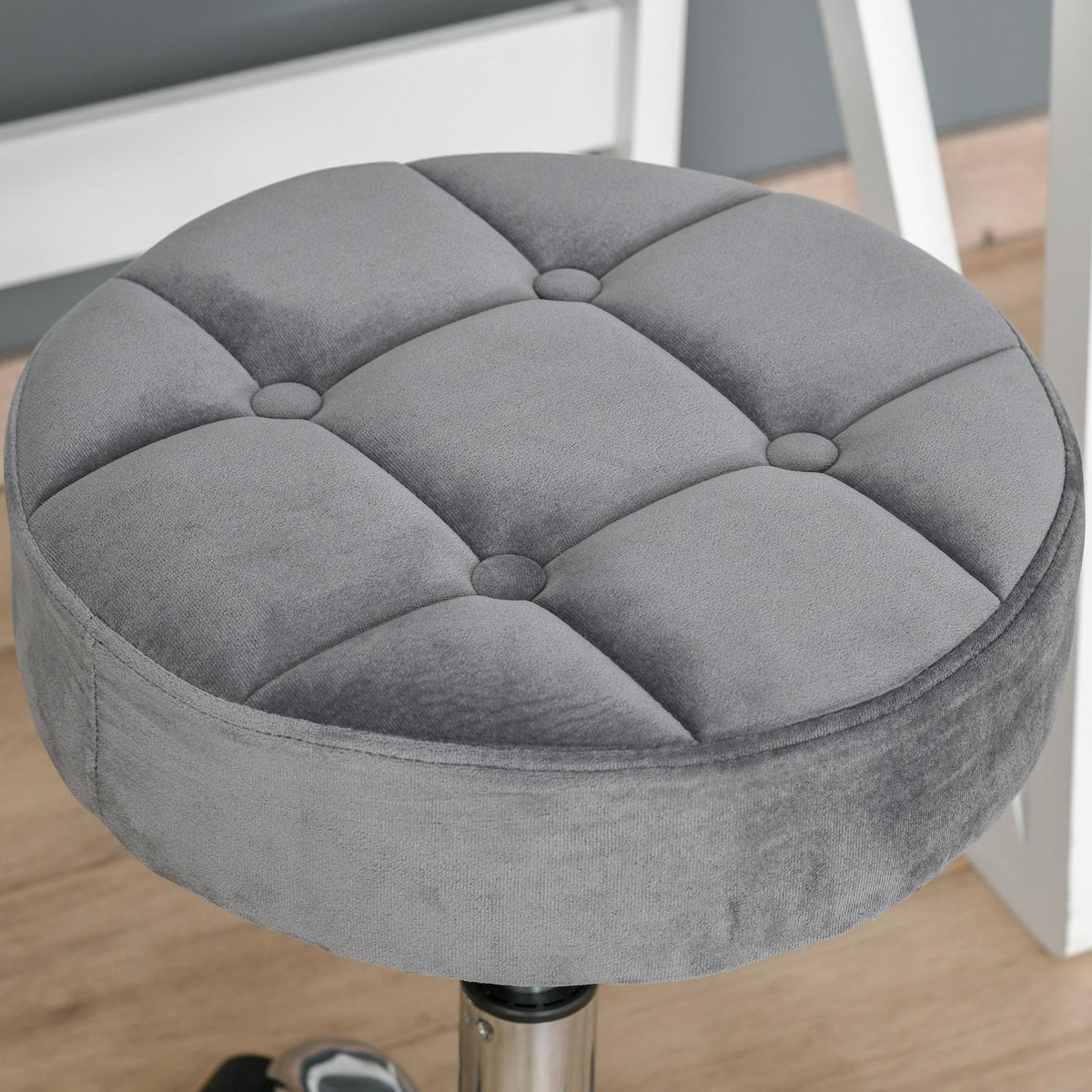 Salon chair with wheels rolling stool height adjustable, swivel, velvet touch, chrome base, gray, 35x35x49-61cm
