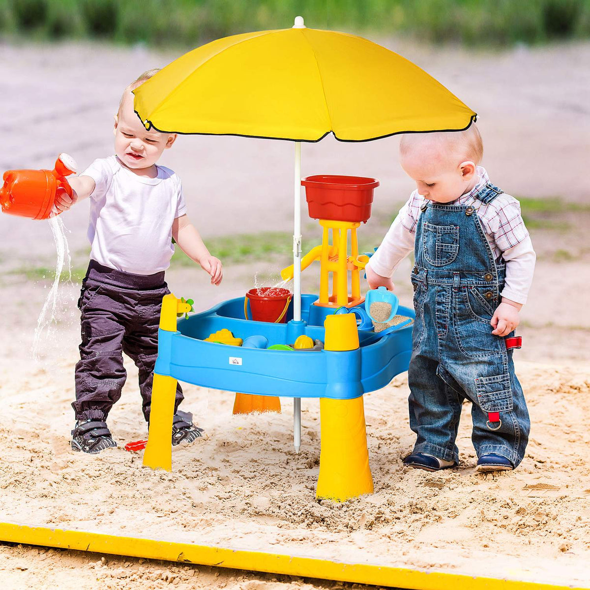 Sand And Water Play Table 2 In 1 Table Play Set 25 Piece Beach Toys With Parasol For Kids