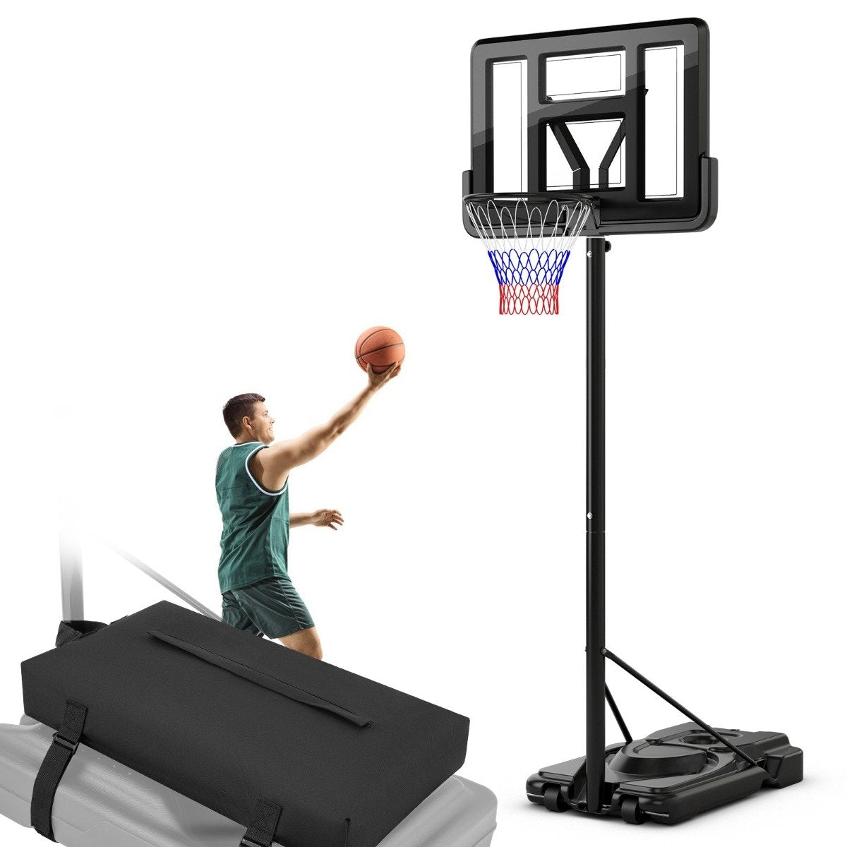 Sandbag for basketball hoop stands up to 136 kg of sand made of black Oxford fabric