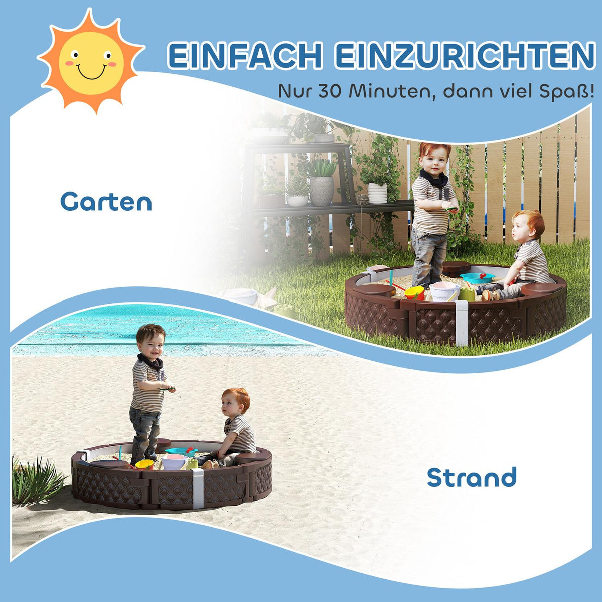 Sandbox, sandbox sandbox with 3 seats, waterproof base, weatherproof protective tarpaulin, for 1.5-5 years children dark brown